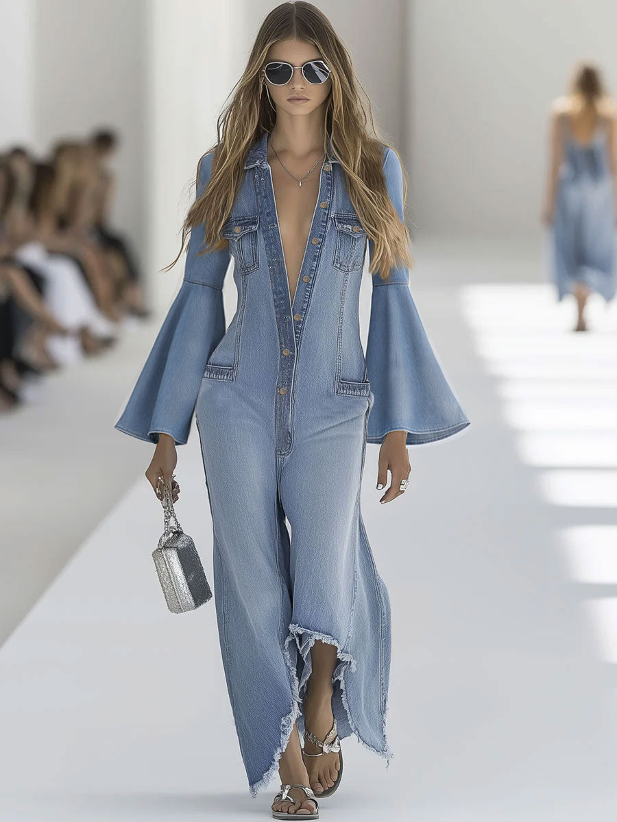 Casual Retro Light Blue Denim Flared Long-Sleeved Wide-Leg Raw Edge Jumpsuit  - By Qivii