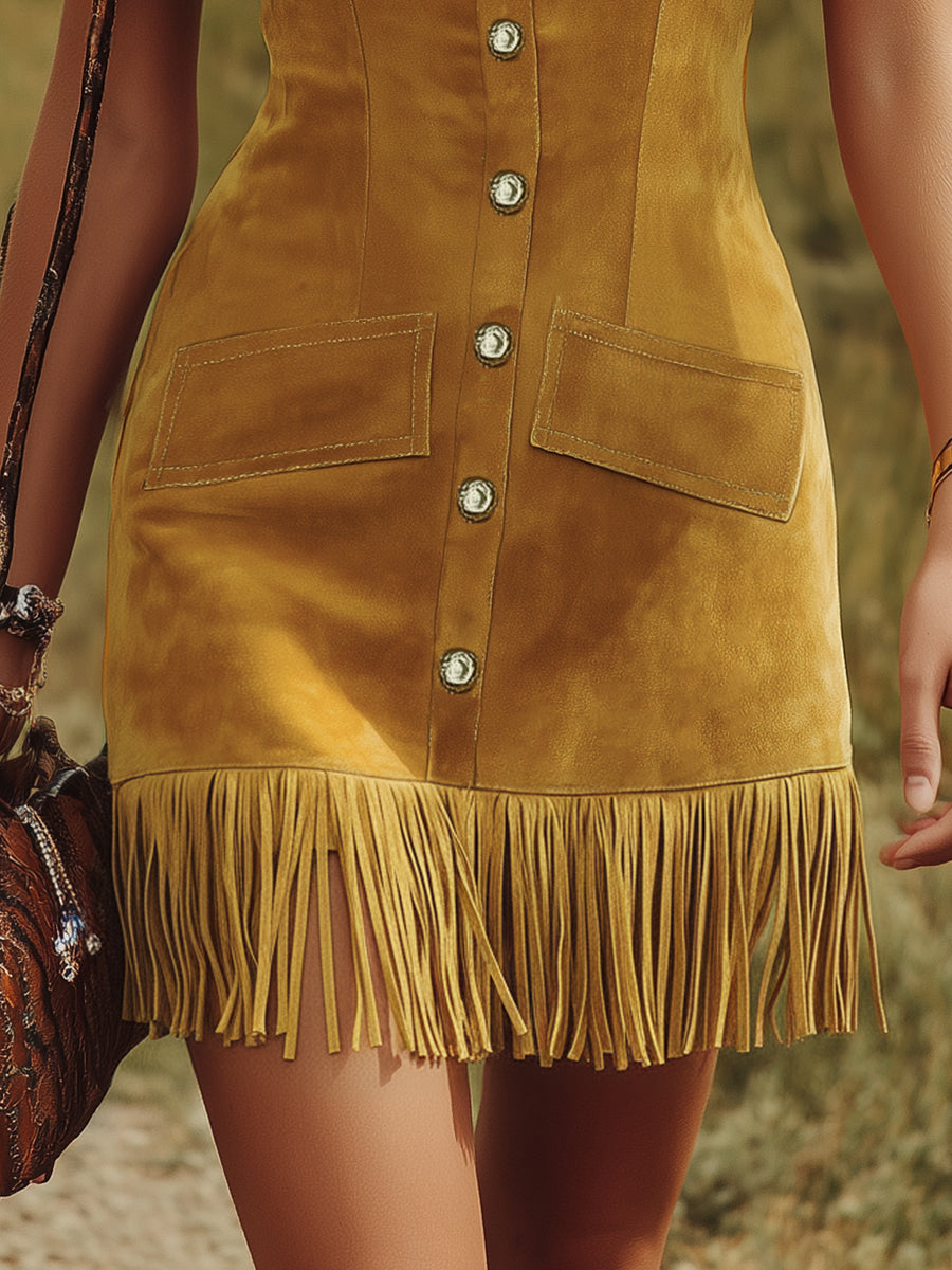 Western-style Vintage V-neck Fringed Faux Suede Mini Dress  - By Qivii