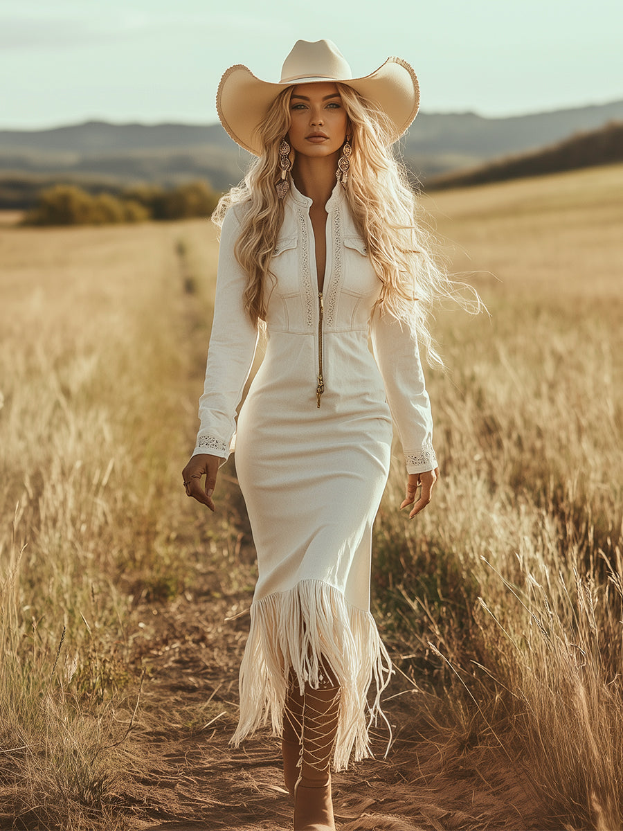 Vintage Western Cowboy Off-White Faux Denim Half-Zip Tassel Long-Sleeved Maxi Dress  - By Qivii