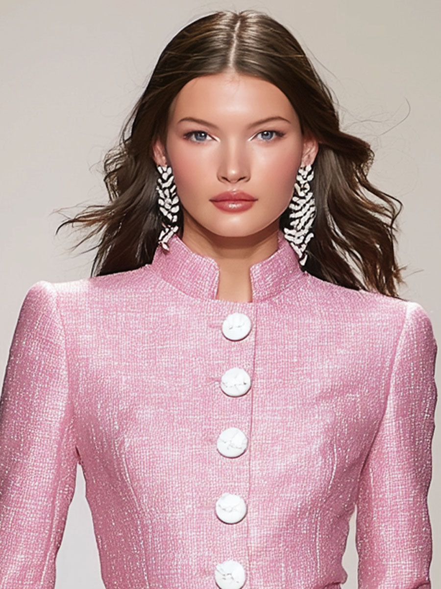 Elegant Stand-up Collar Single-breasted Tweed Jacket  - By Qivii