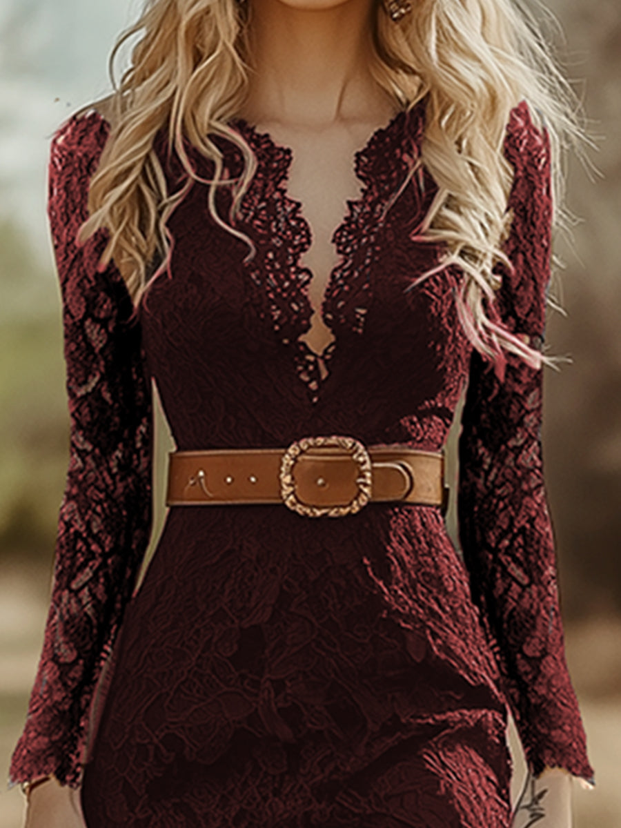 Vintage Bohemian Blue Lace Long Sleeve Midi Dress  - By Qivii