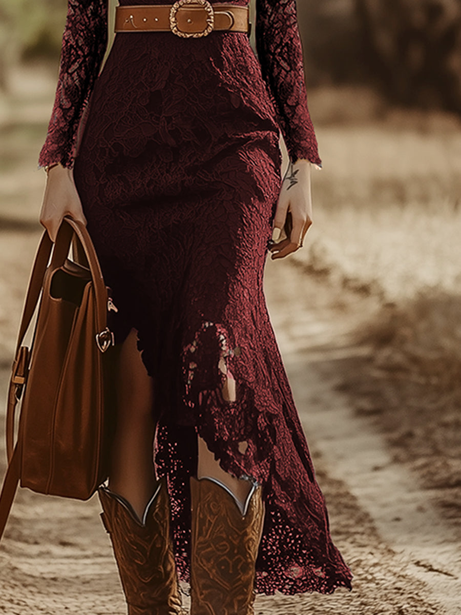 Vintage Bohemian Blue Lace Long Sleeve Midi Dress  - By Qivii