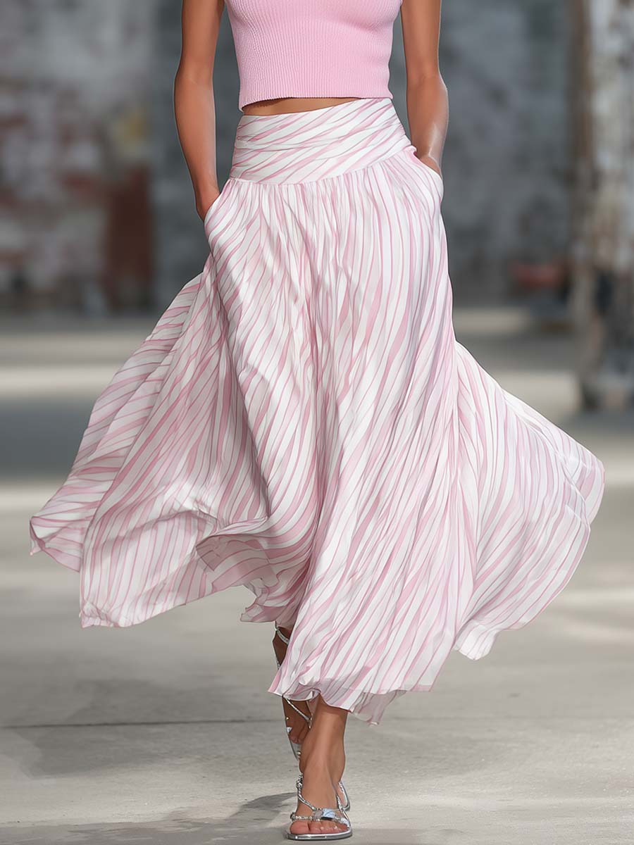 Elegant Retro Flowy Pink Striped Chiffon Skirt  - By Qivii