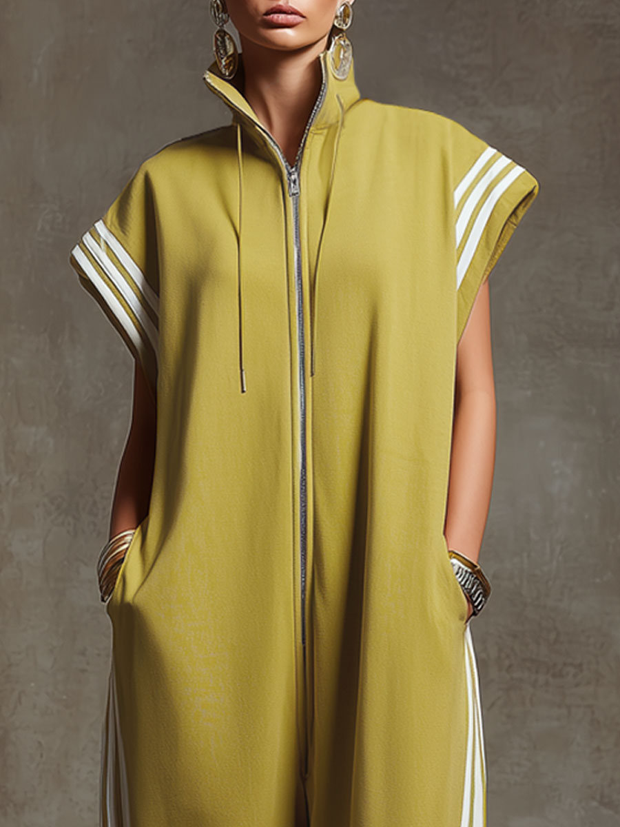 Casual Sports White Webbing Yellow-green Sleeveless Jumpsuit  - By Qivii