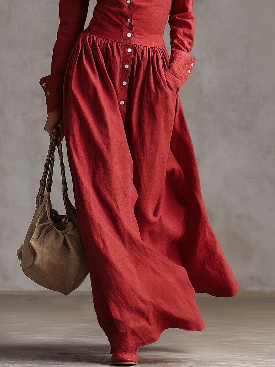Exquisite Retro Western Lapel Front Button Red Windbreaker Style Cotton And Linen Maxi Dress  - By Qivii