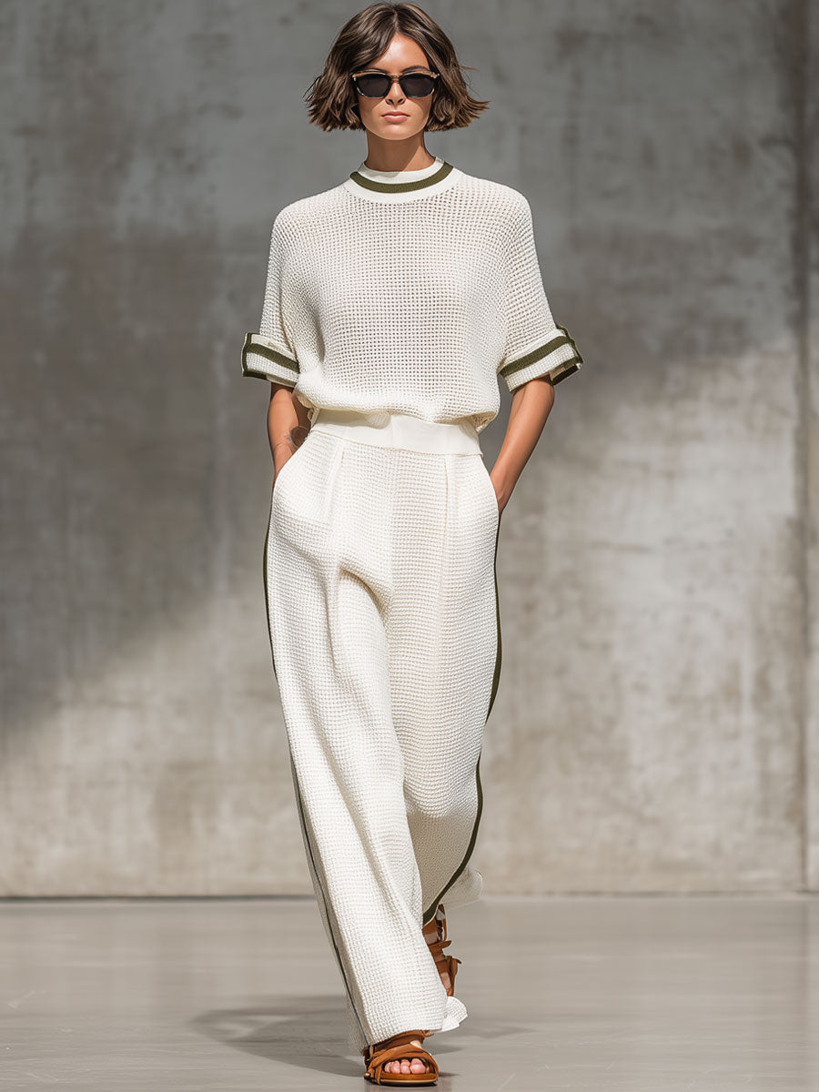 Vintage-Trimmed White Knitted Mesh Short-Sleeved Shirt And Wide-Leg Pants Set  - By Qivii