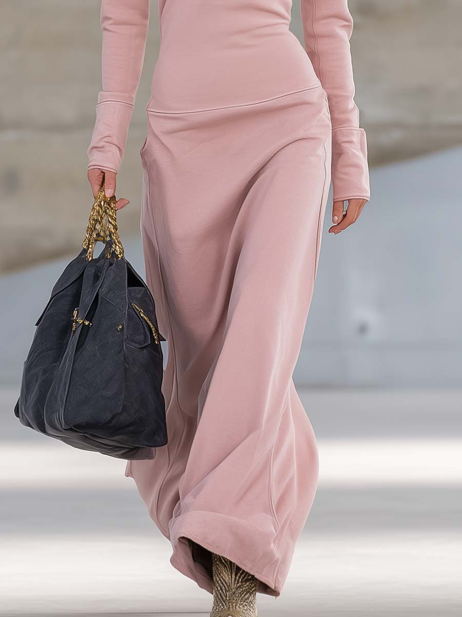 Elegant Retro Sporty V-neck Front Zipper Long-sleeved Pink Maxi Dress  - By Qivii