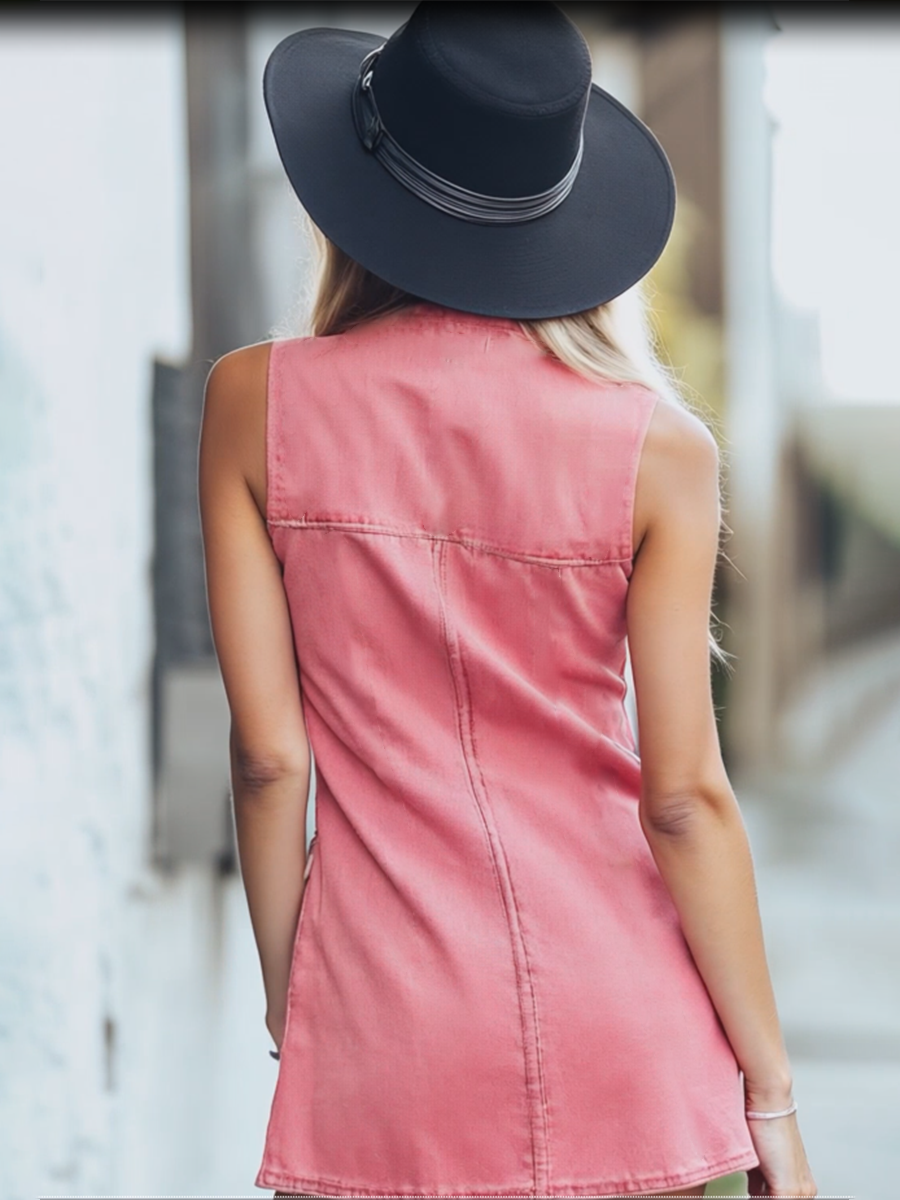 Chic Pink Denim Button Front Sleeveless Mini Dress - By Qivii