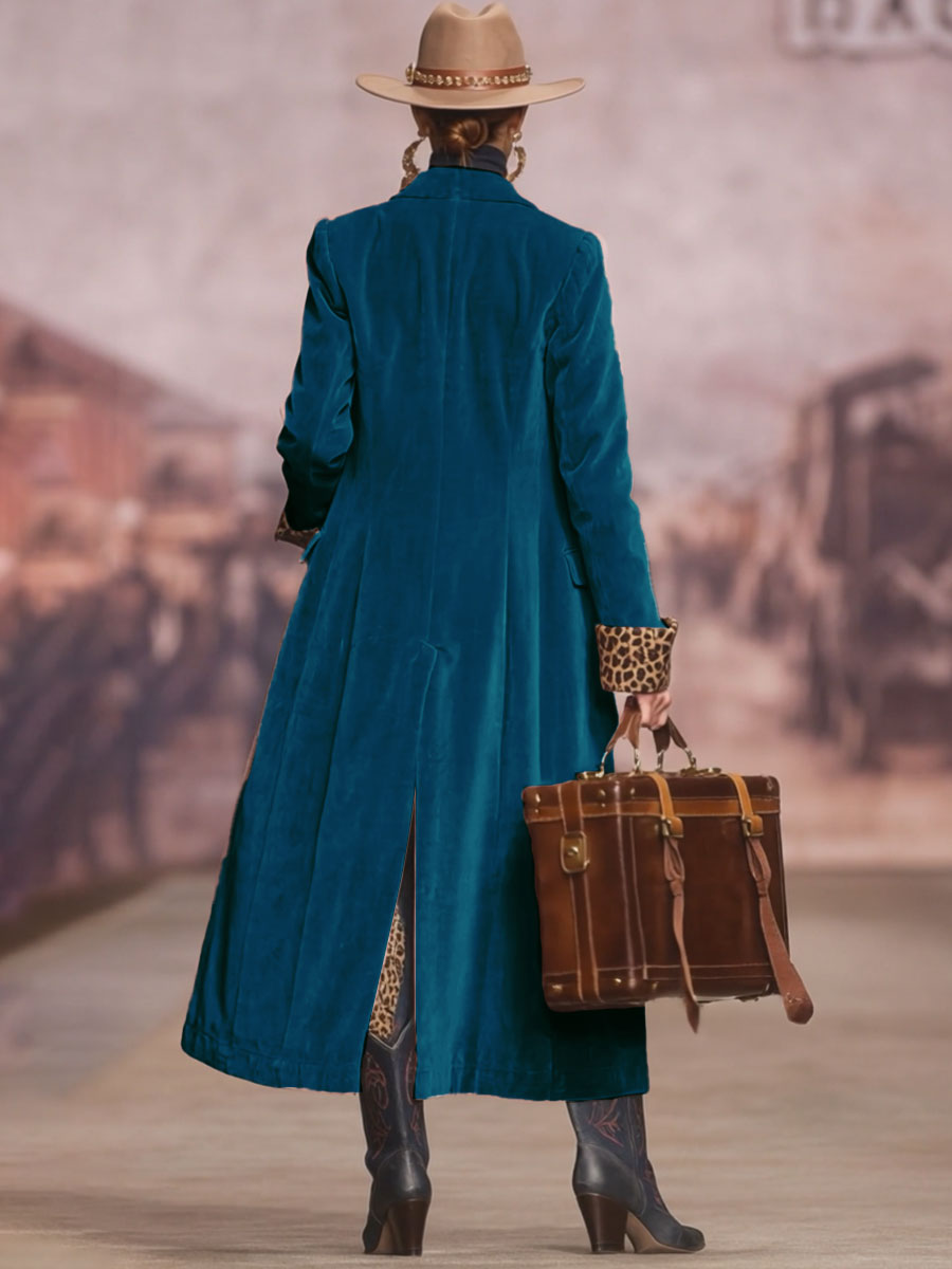 Lapel Single-breasted Velvet And Leopard Print Coat  - By Qivii