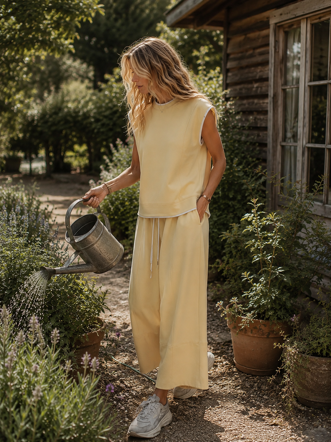 Retro-Casual Sports Light Yellow Cotton Crew-Neck Top And Cropped Pants Set  - By Qivii
