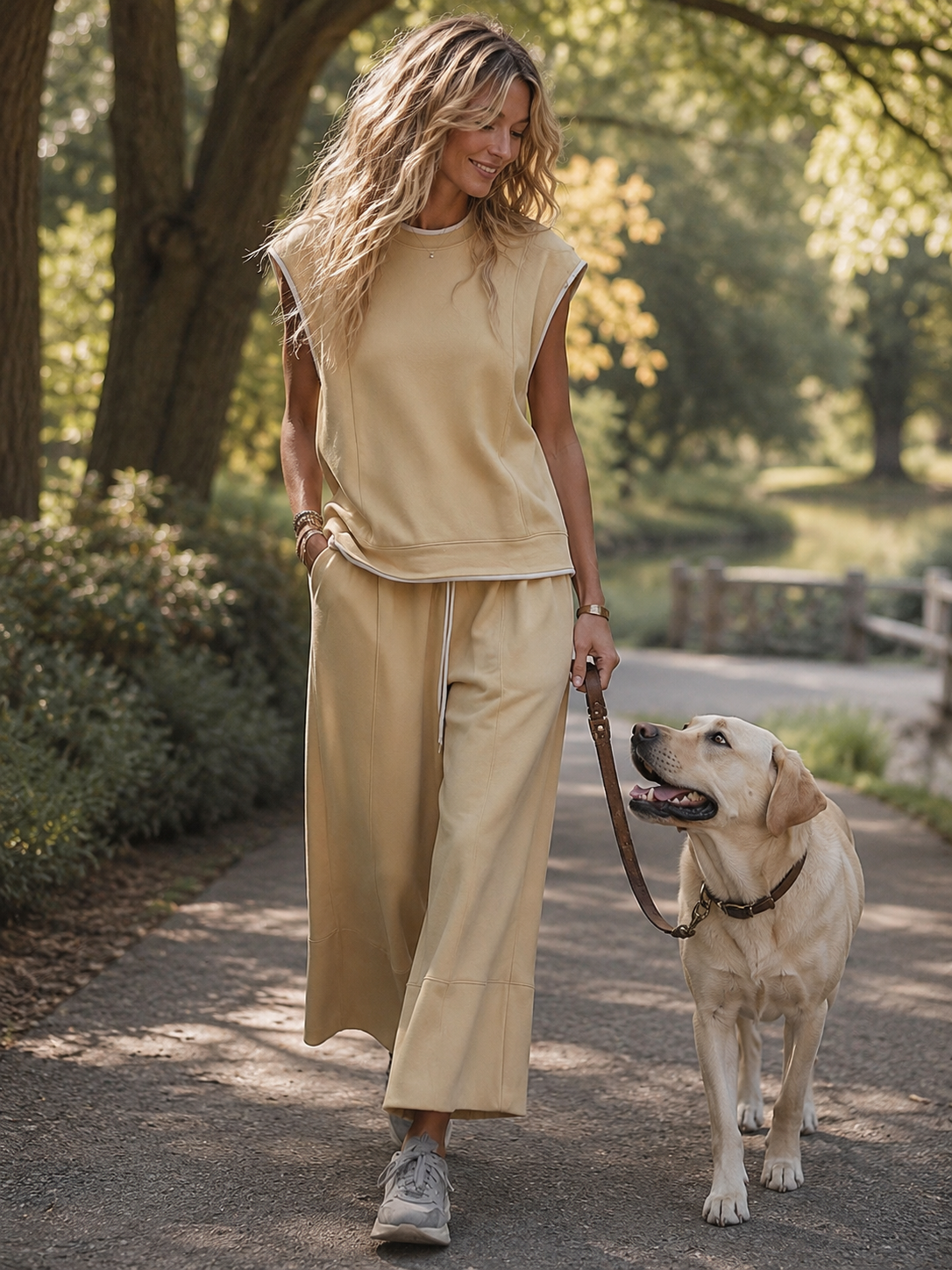 Retro-Casual Sports Light Yellow Cotton Crew-Neck Top And Cropped Pants Set  - By Qivii
