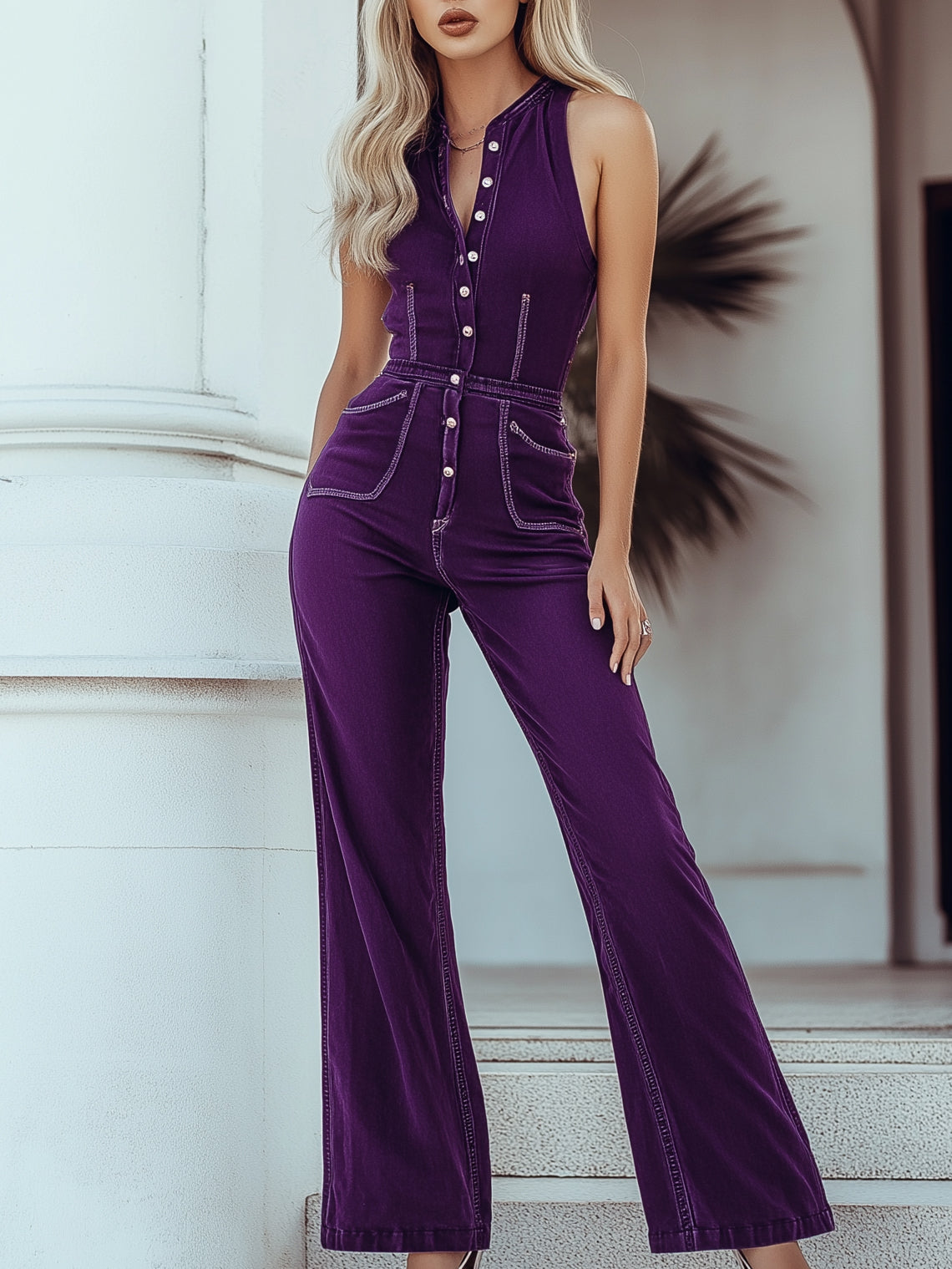 Mysterious Vintage Purple Denim Sleeveless Wide Leg Jumpsuit - By Qivii