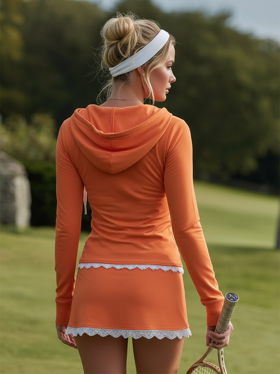 Vibrant Lace-trimmed Orange Hooded Sweatshirt And Shorts Set  - By Qivii