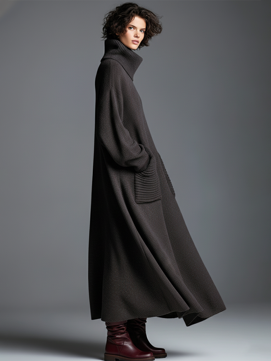High-end Fashionable Loose Neckline Brown Knitted Maxi Dress  - By Qivii
