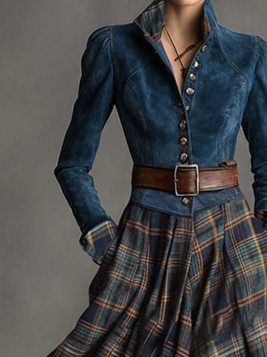 Retro Ethnic Style Belt Blue Faux Suede Plaid Maxi Dress  - By Qivii