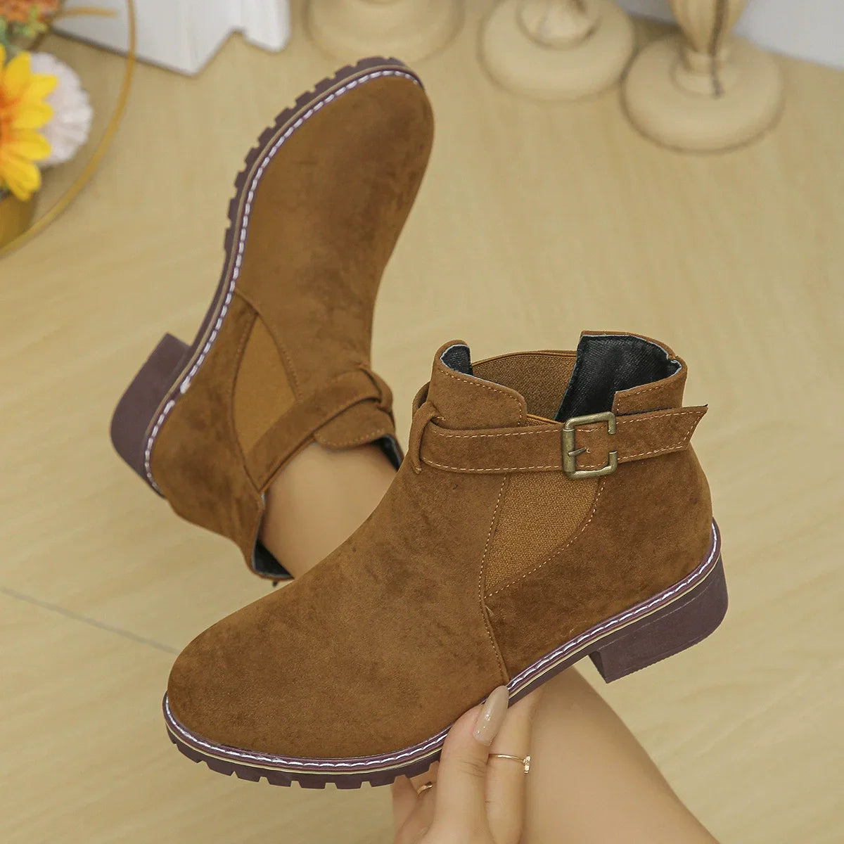 Women's Plus Size Suede Platform Martin Ankle Boots with Belt Buckle Details