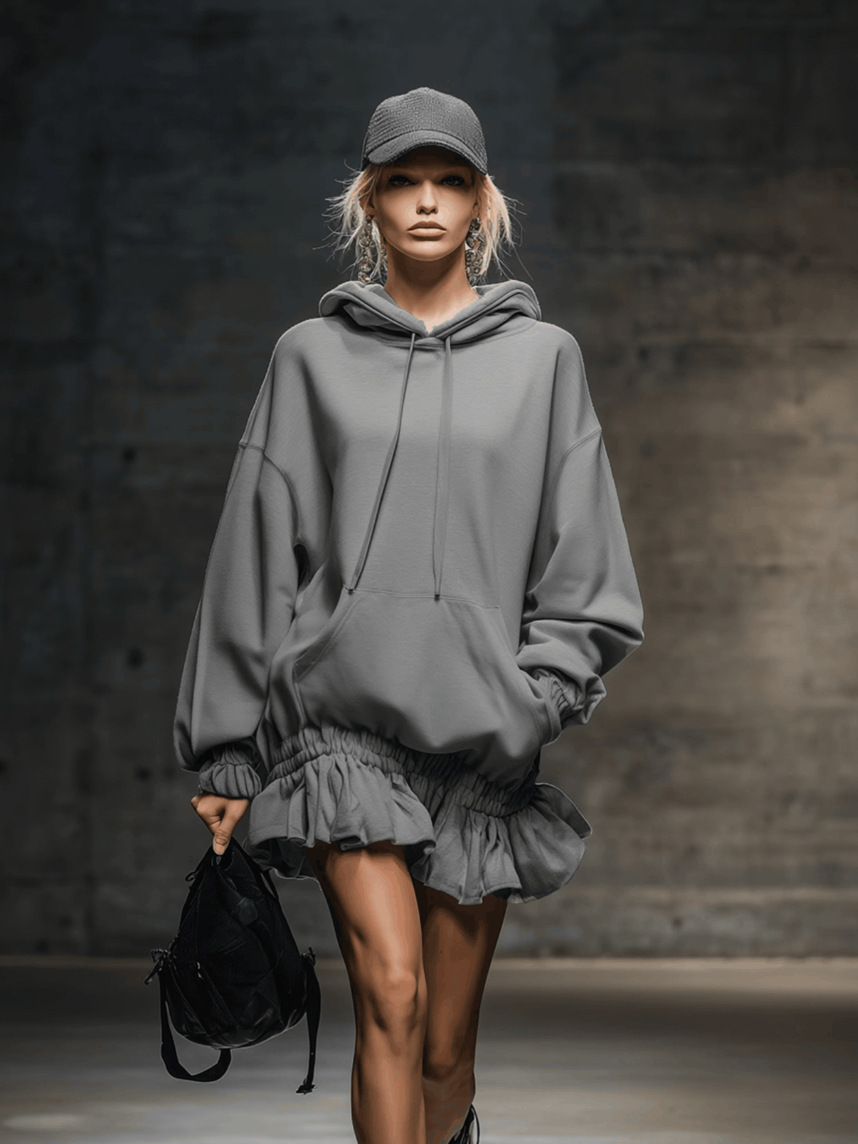 Casual And Fashionable Hooded Elastic Hem Gray Sweatshirt Mini Dress  - By Qivii