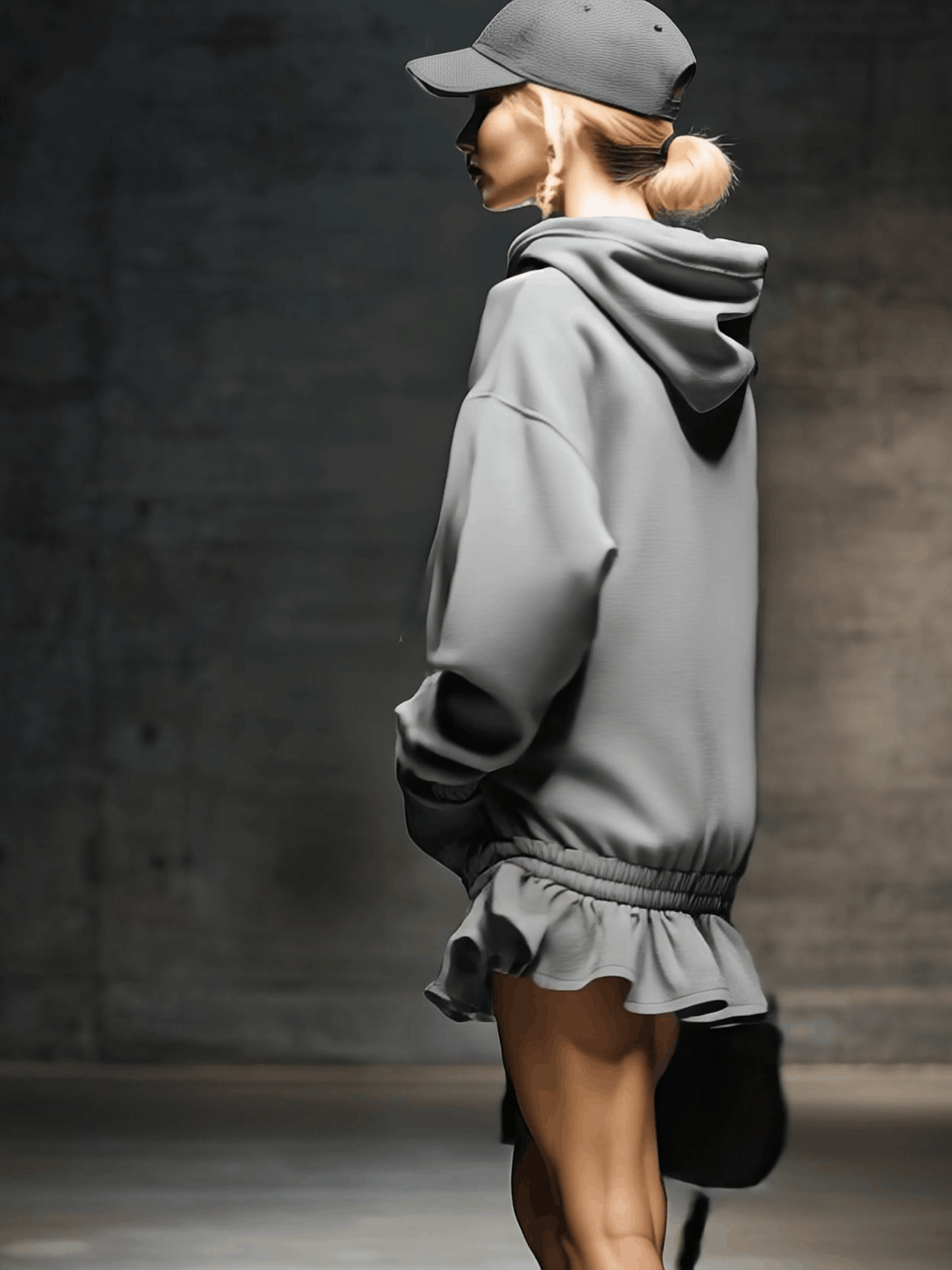 Casual And Fashionable Hooded Elastic Hem Gray Sweatshirt Mini Dress  - By Qivii