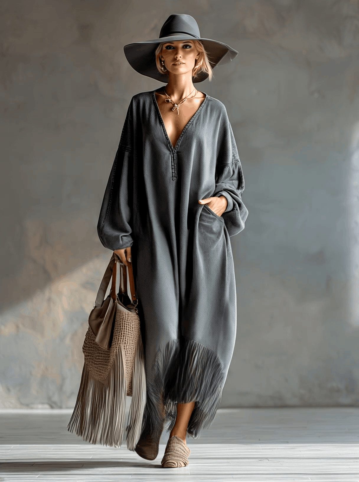 Elegant Silhouette Grey Denim Tassel Long Sleeve Maxi Dress  - By Qivii