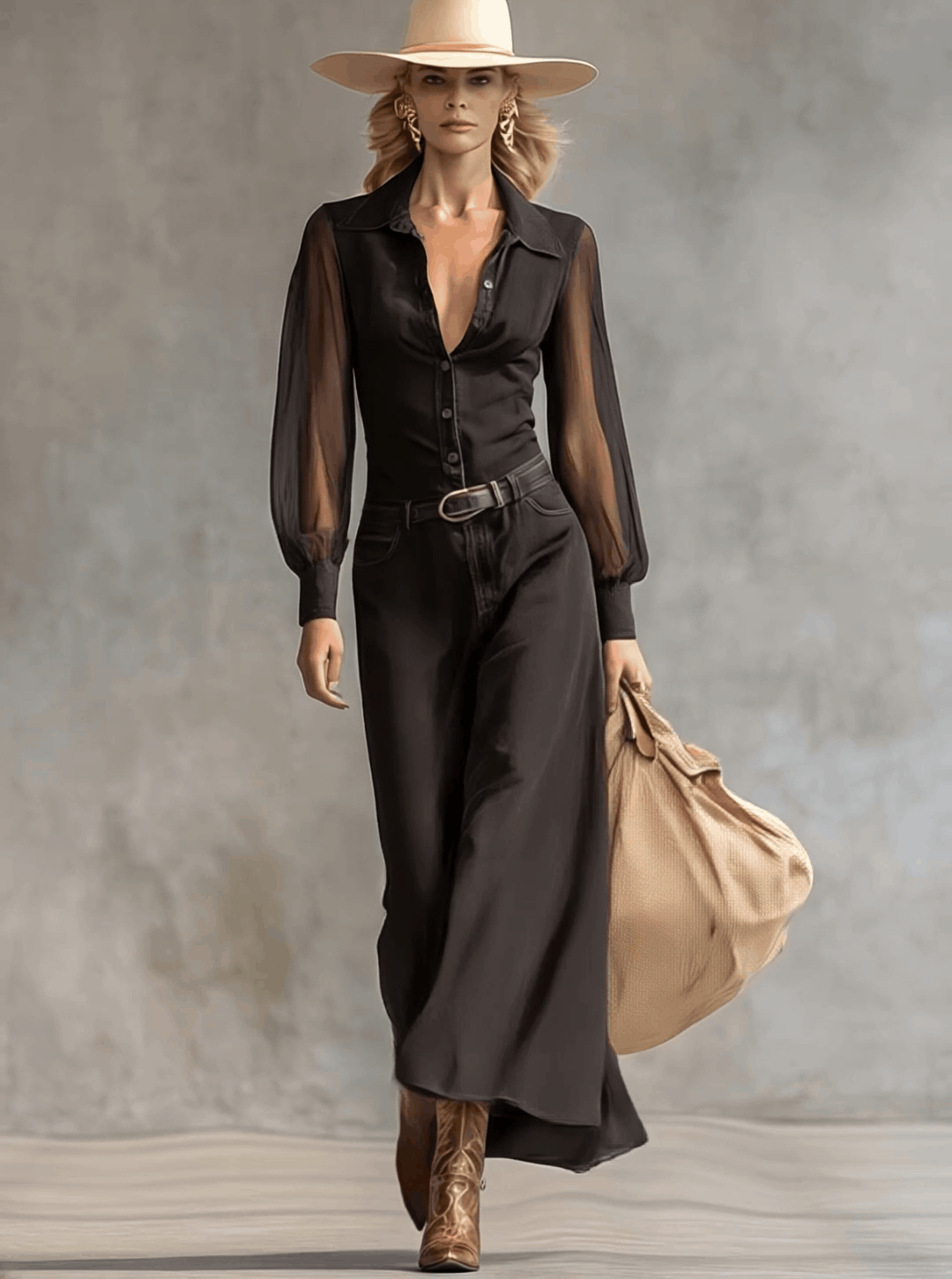 Vintage Western Front Button V-Neck Transparent Long Sleeve Black Denim Maxi Dress  - By Qivii