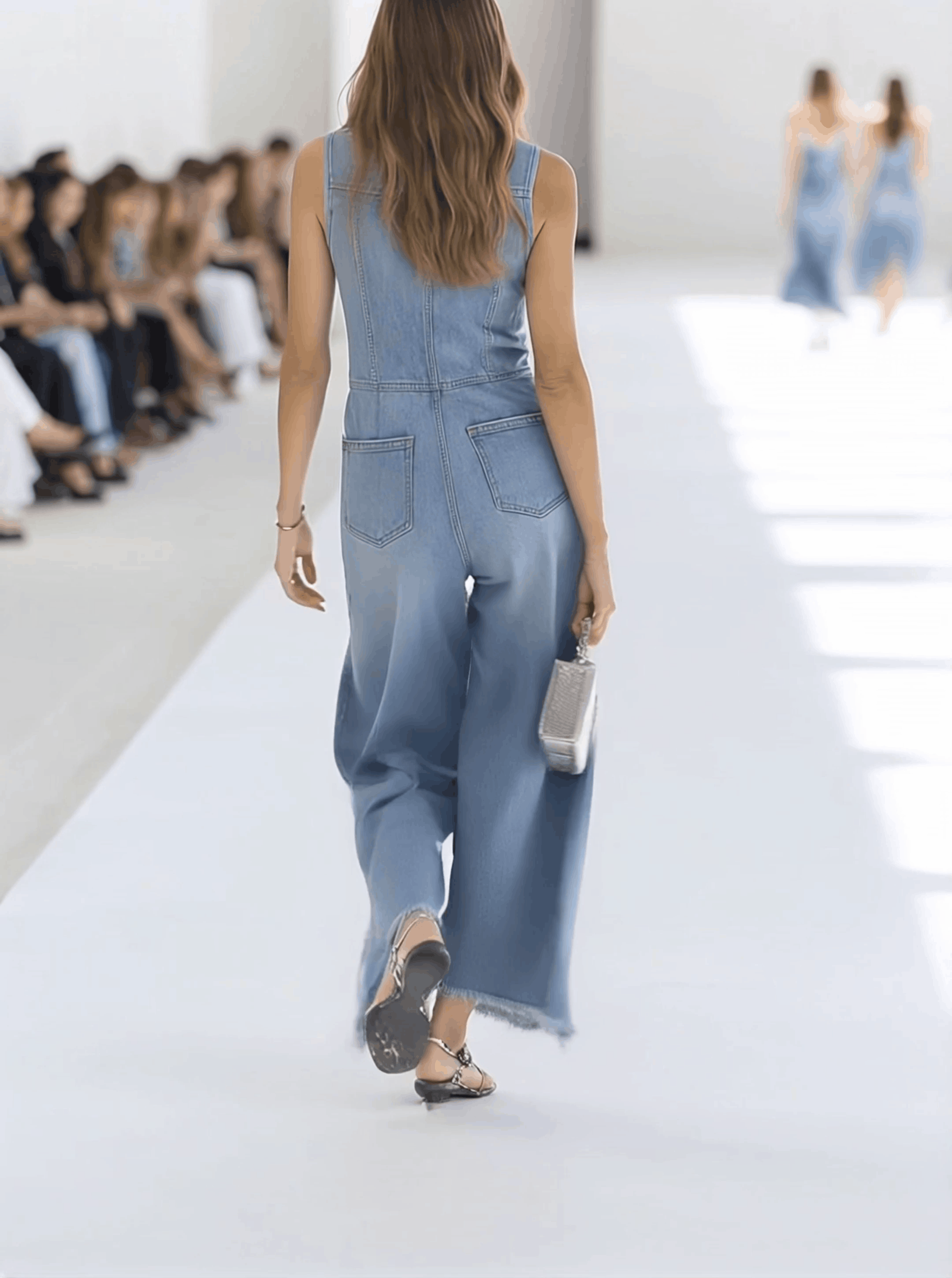 Western Retro Light Blue Denim Sleeveless Raw Edge Wide Leg Zipper Jumpsuit  - By Qivii
