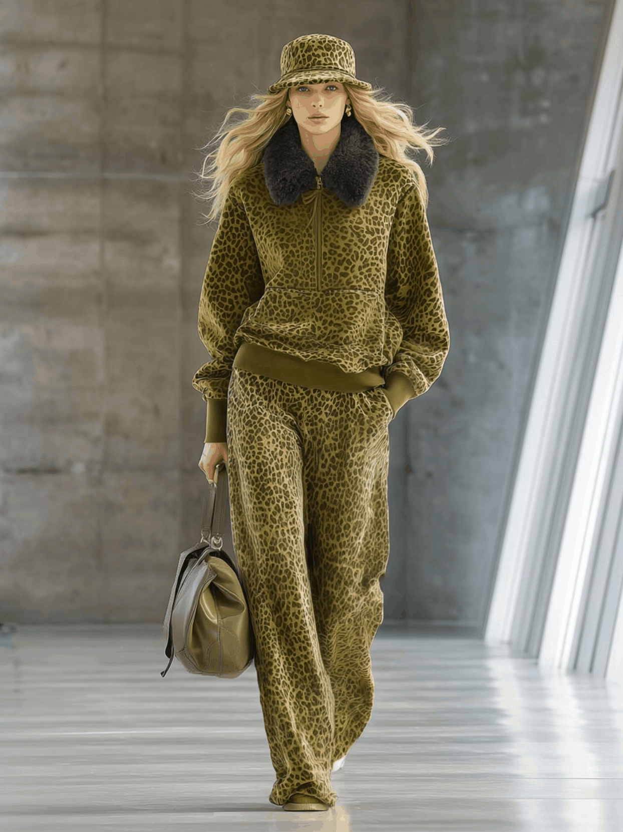 High-end Fashionable Leopard Print Velvet Faux Fur Collar Sweatshirt Wide-leg Pants Suit  - By Qivii