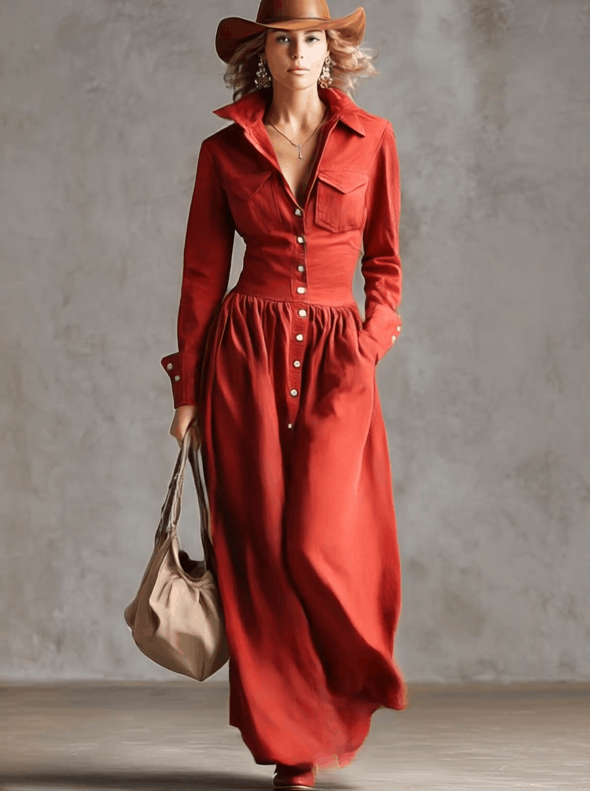 Exquisite Retro Western Lapel Front Button Red Windbreaker Style Cotton And Linen Maxi Dress  - By Qivii