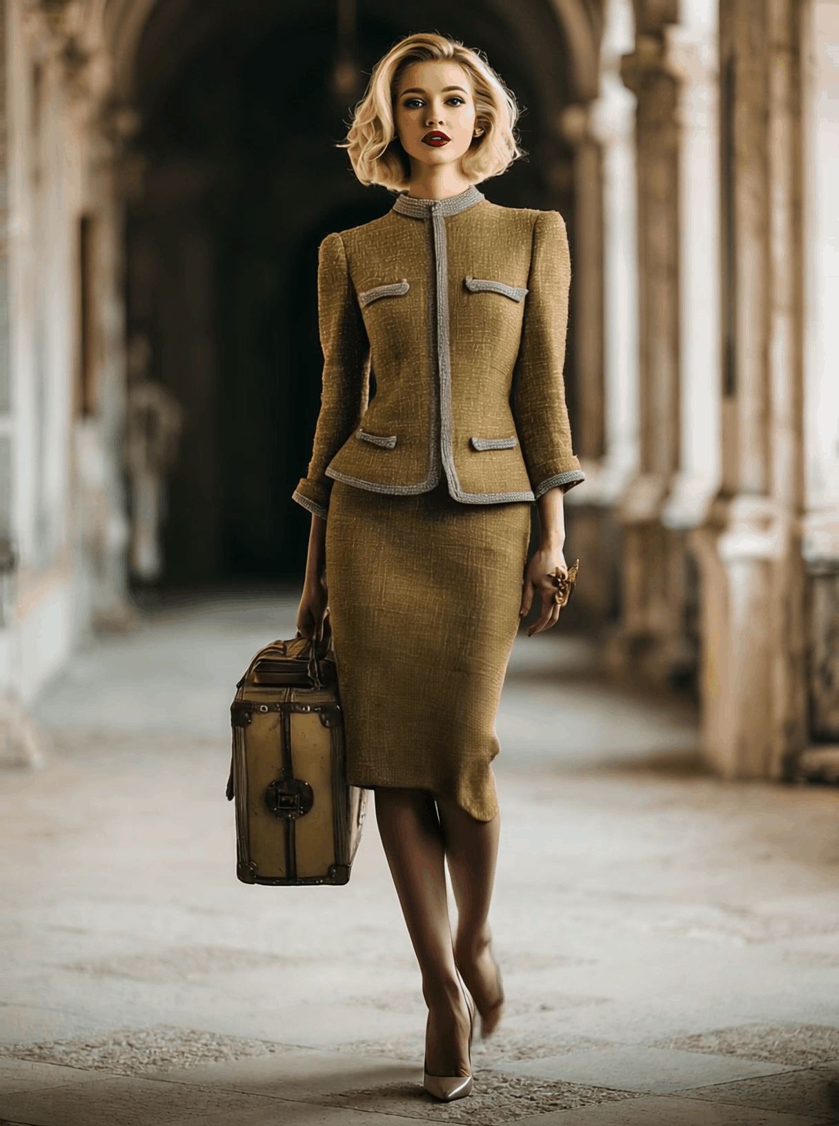 Exquisite Vintage Light Gold Tweed Jacket And Skirt Set  - By Qivii