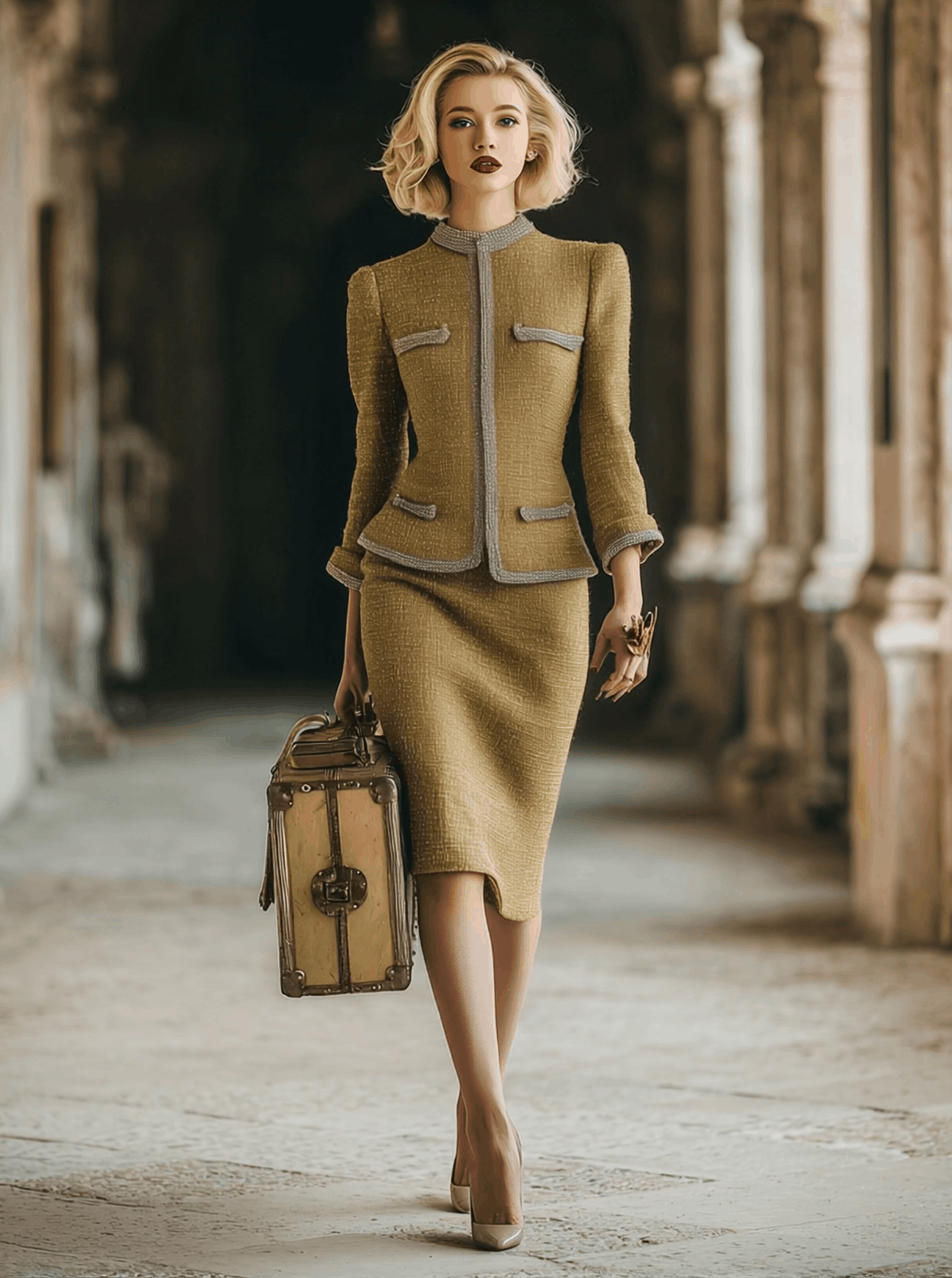 Exquisite Vintage Light Gold Tweed Jacket And Skirt Set  - By Qivii