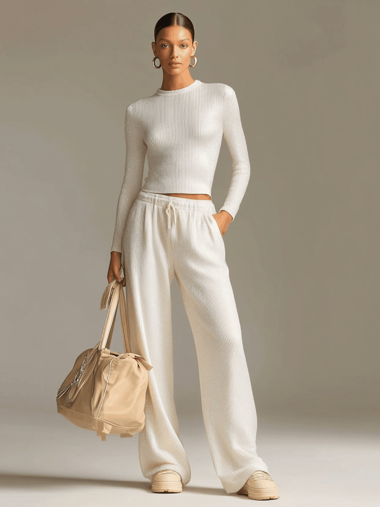 Fashionable Sporty White Knit Ribbed Crew Neck Top And Wide-leg Pants Set  - By Qivii