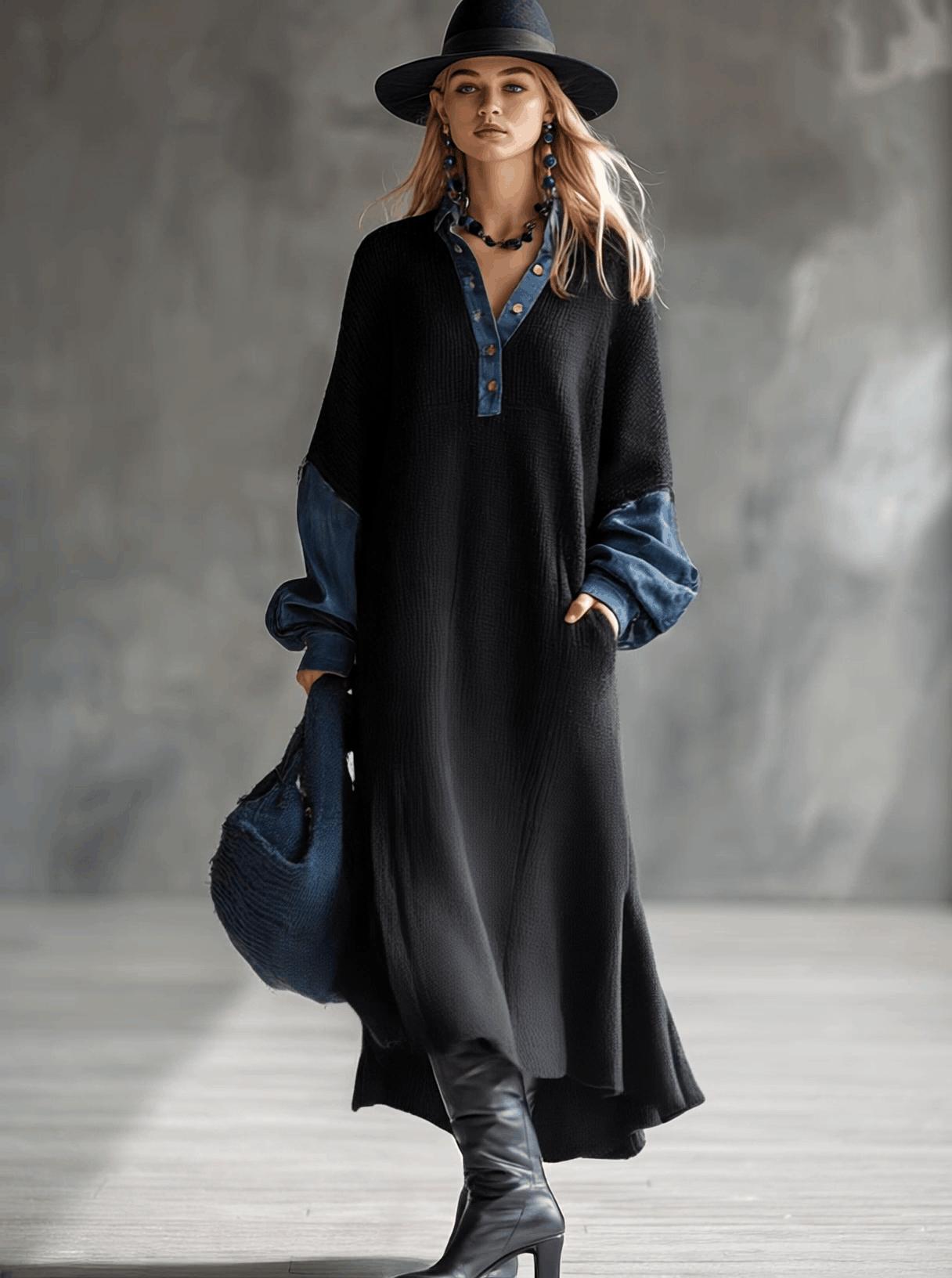 Fashionable Casual Black Knitted Denim Trim Maxi Dress  - By Qivii