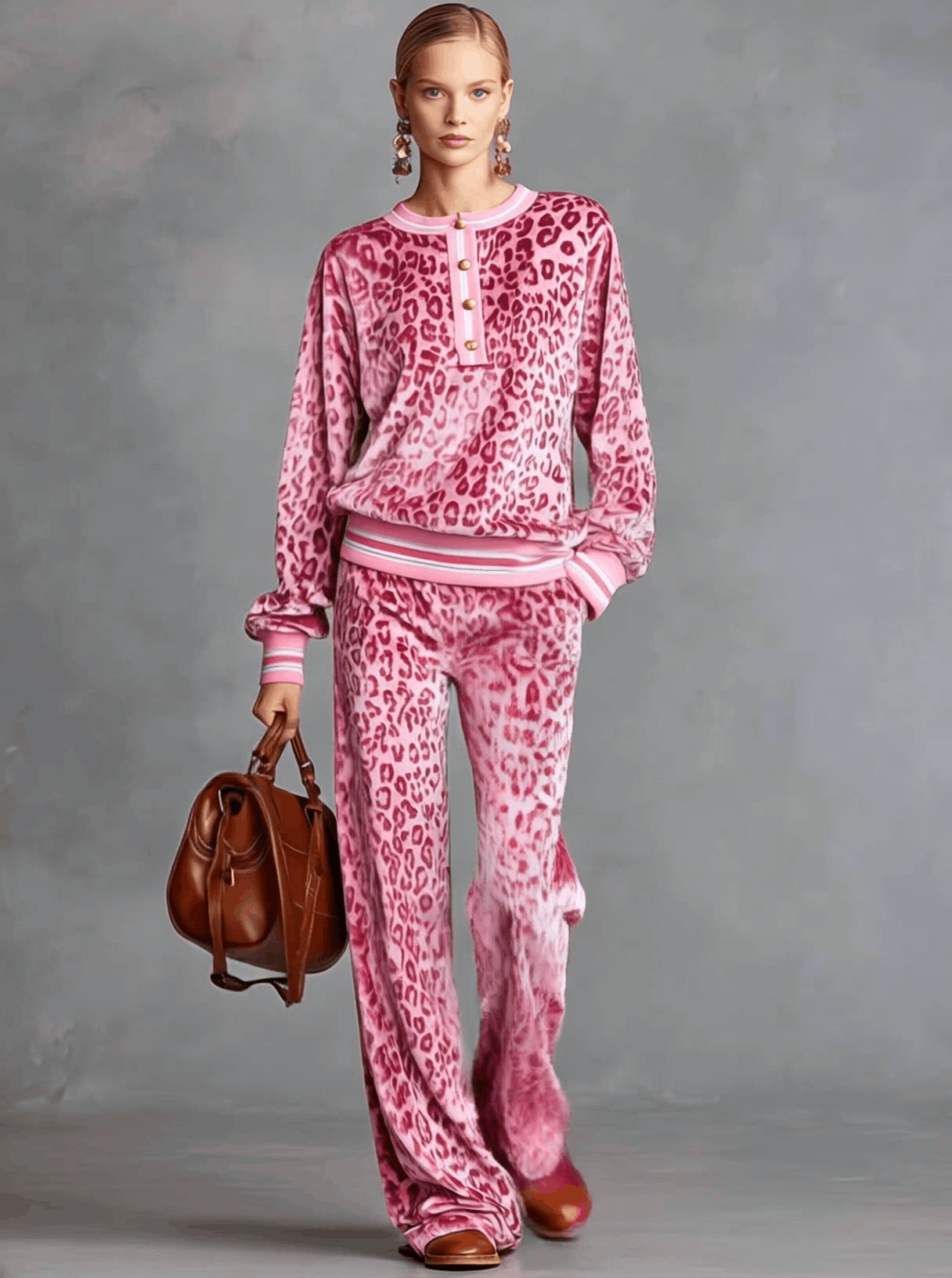 Casual Sporty Retro Pink Velvet Leopard Print Sweatshirt And Wide-Leg Pants Set  - By Qivii