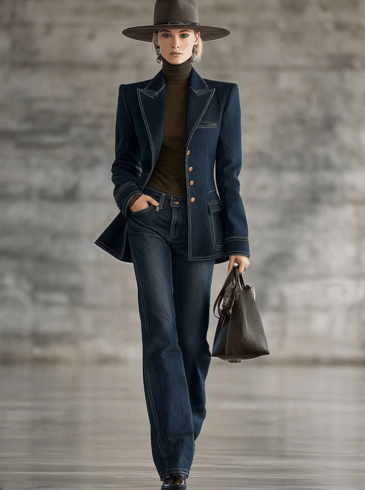 Fashion Retro Topstitched Navy Blue Denim Jacket  - By Qivii
