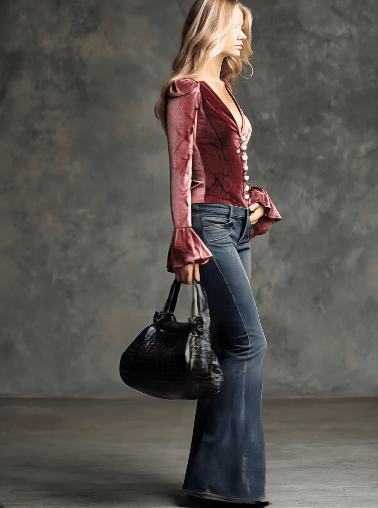 Vintage Pink Velvet Crocodile Print V-Neck Flared Long-Sleeved Shirt  - By Qivii