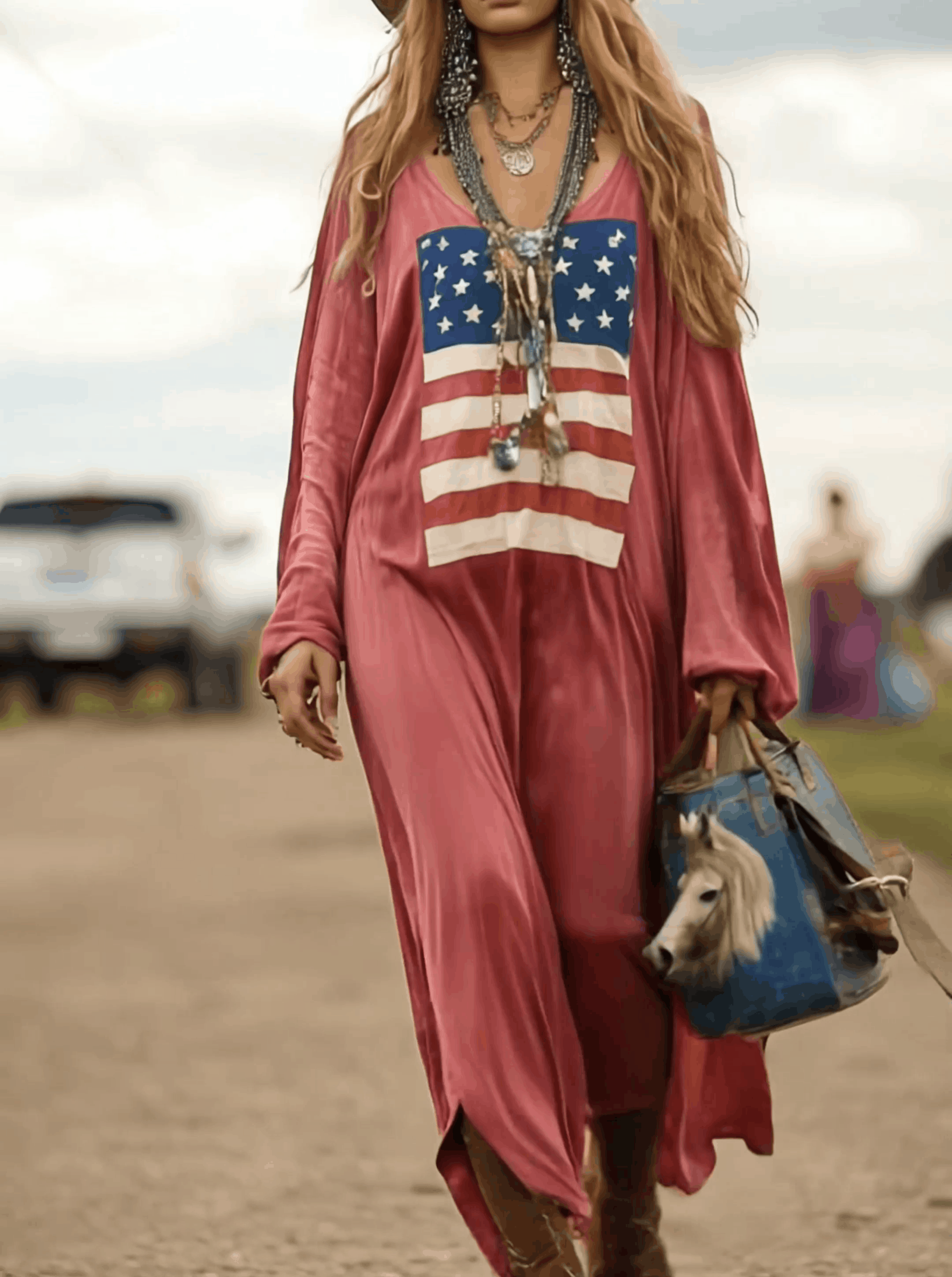 Vintage Casual Western Long Sleeve Flag Print Pink Cotton Loose Maxi Dress  - By Qivii