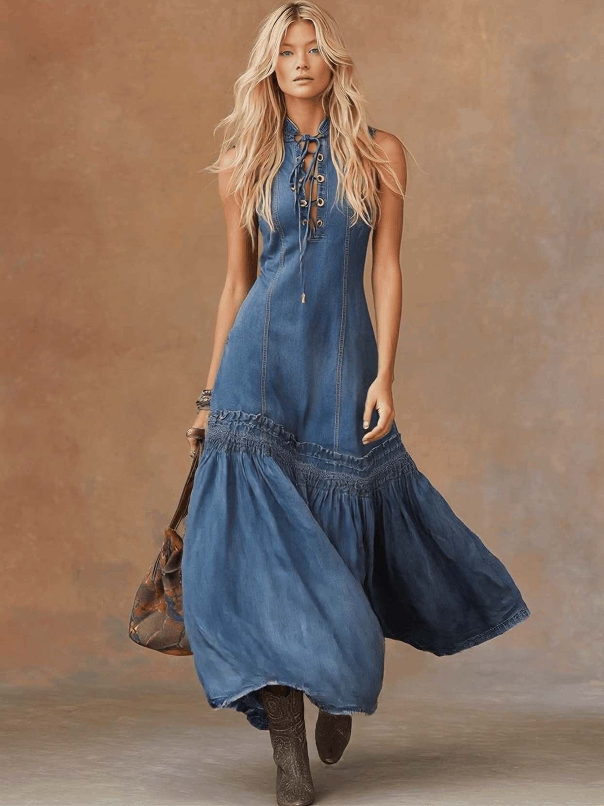 Elegant Vintage Western Tie-neck Sleeveless Bubble Hem Blue Denim Maxi Dress  - By Qivii