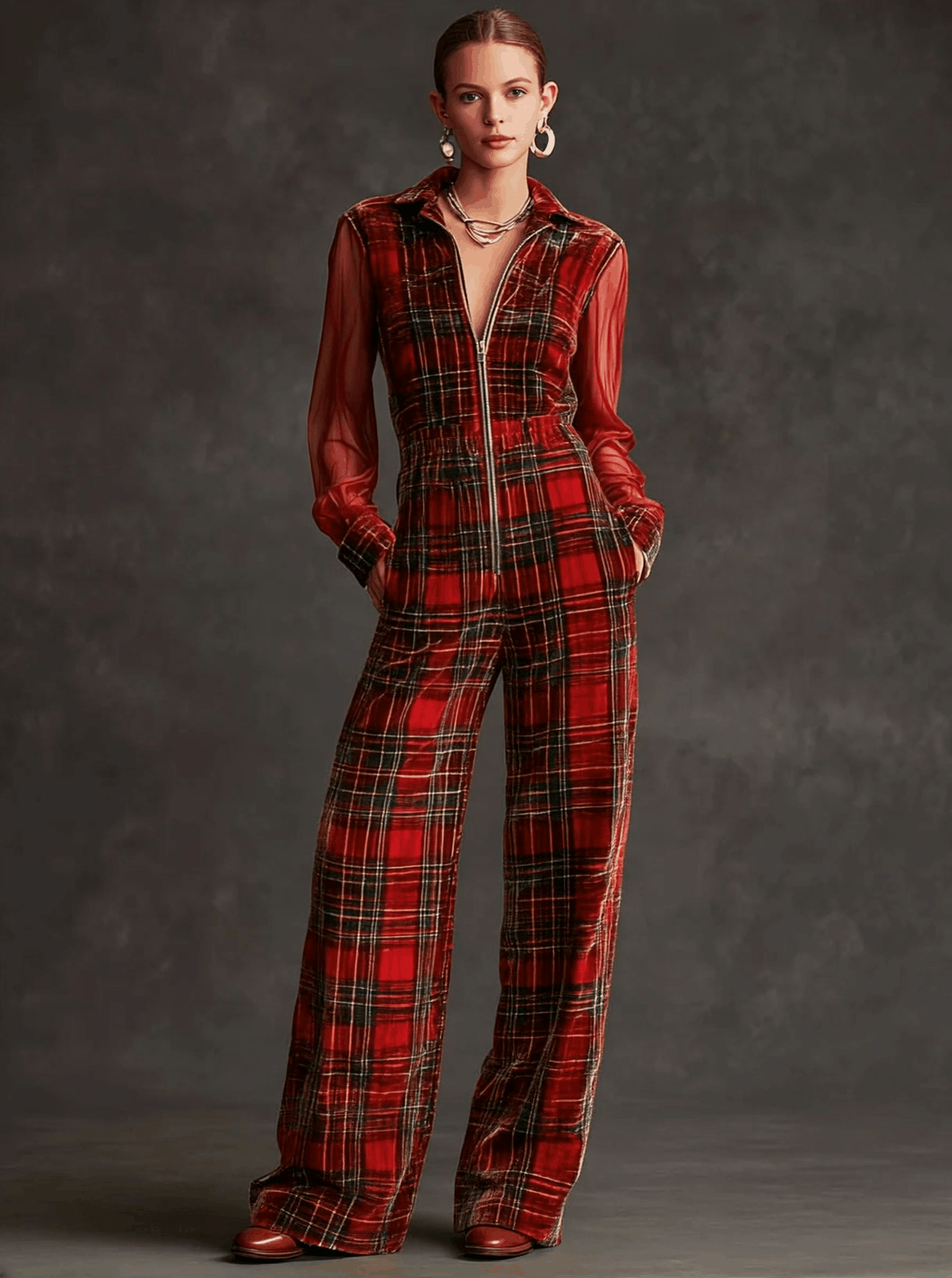 Retro Long-sleeved Mesh Red And Green Plaid Velvet Wide-leg Jumpsuit  - By Qivii