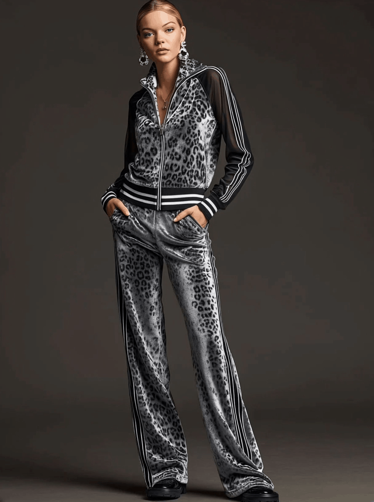 Sporty Retro Striped Mesh Sleeve Gray Leopard Print Velvet Sweatshirt And Pants Set  - By Qivii