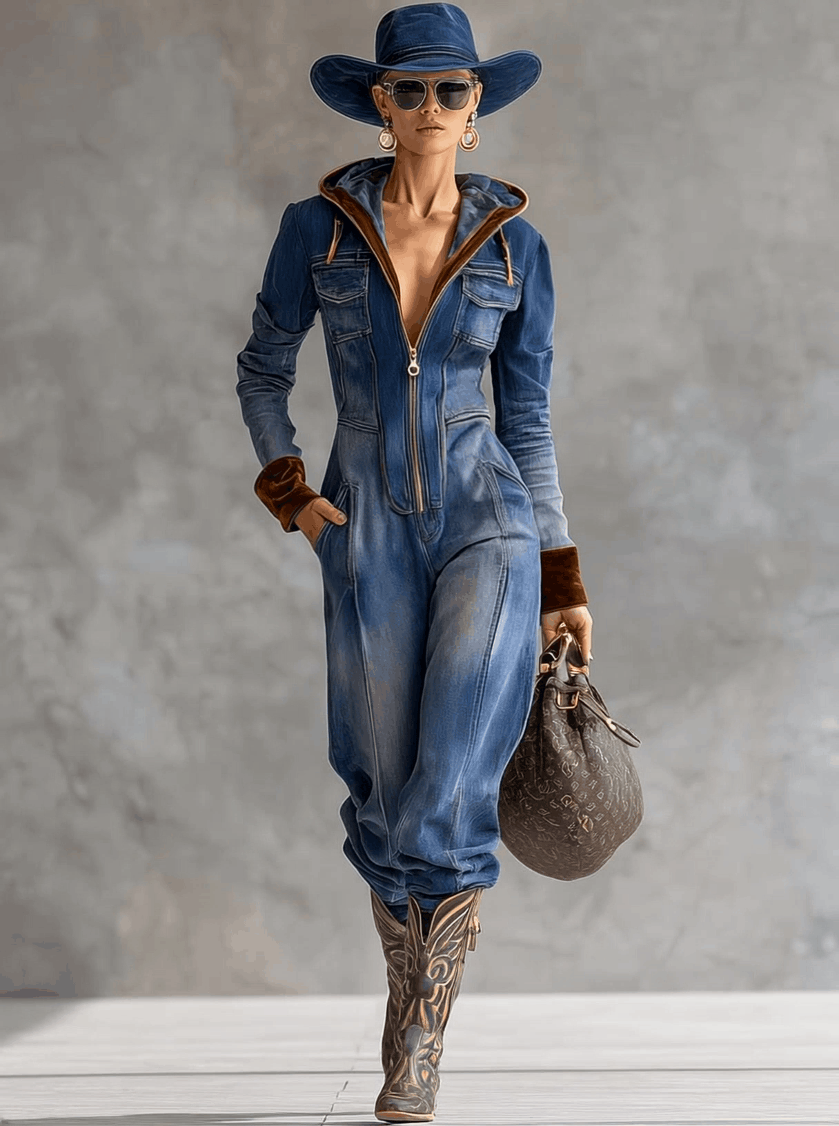 Vintage Casual Western Hooded V-neck Zipper Velvet Stitching Blue Denim Jumpsuit  - By Qivii