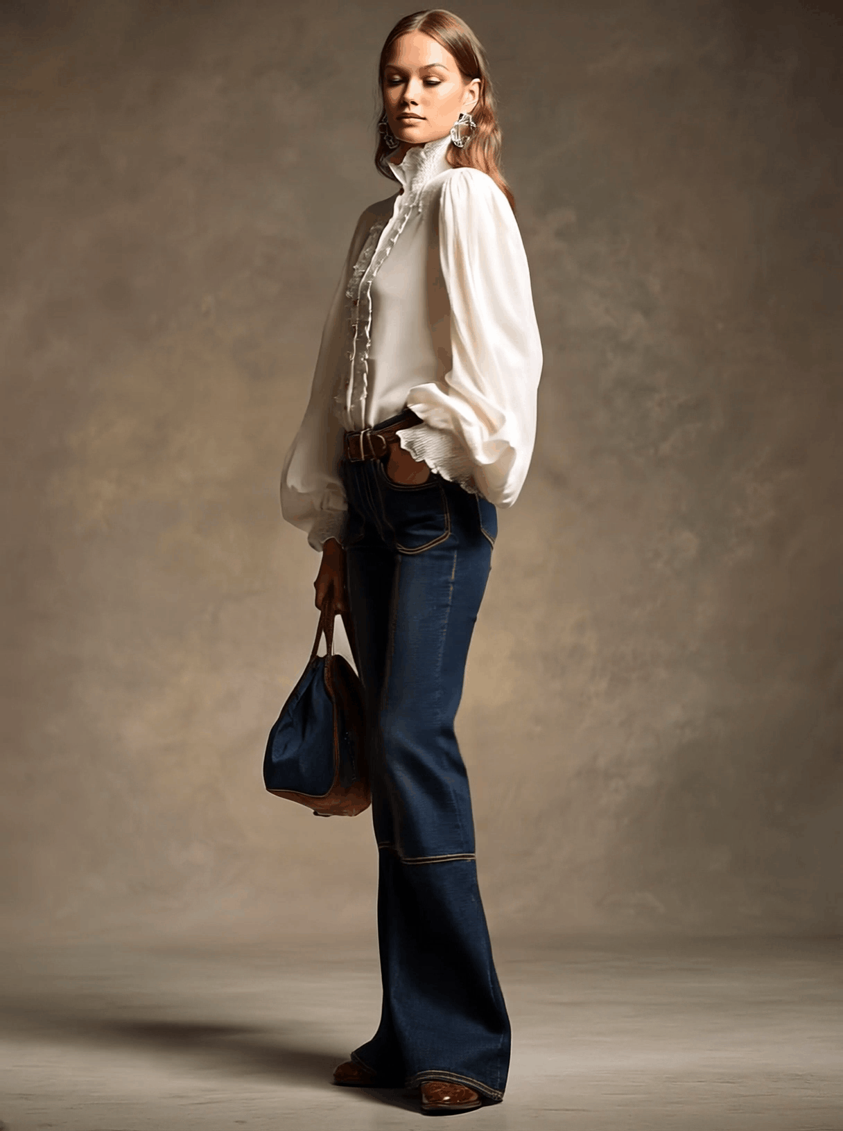 Retro Brown Double-stitched Navy Jeans  - By Qivii