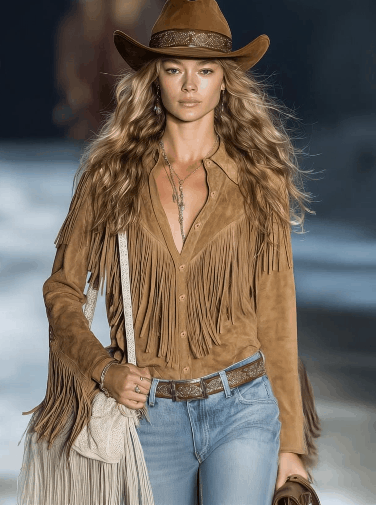 Casual Vintage Western Button Front Tassel Long Sleeve Light Brown Fuax Suede Shirt Top  - By Qivii