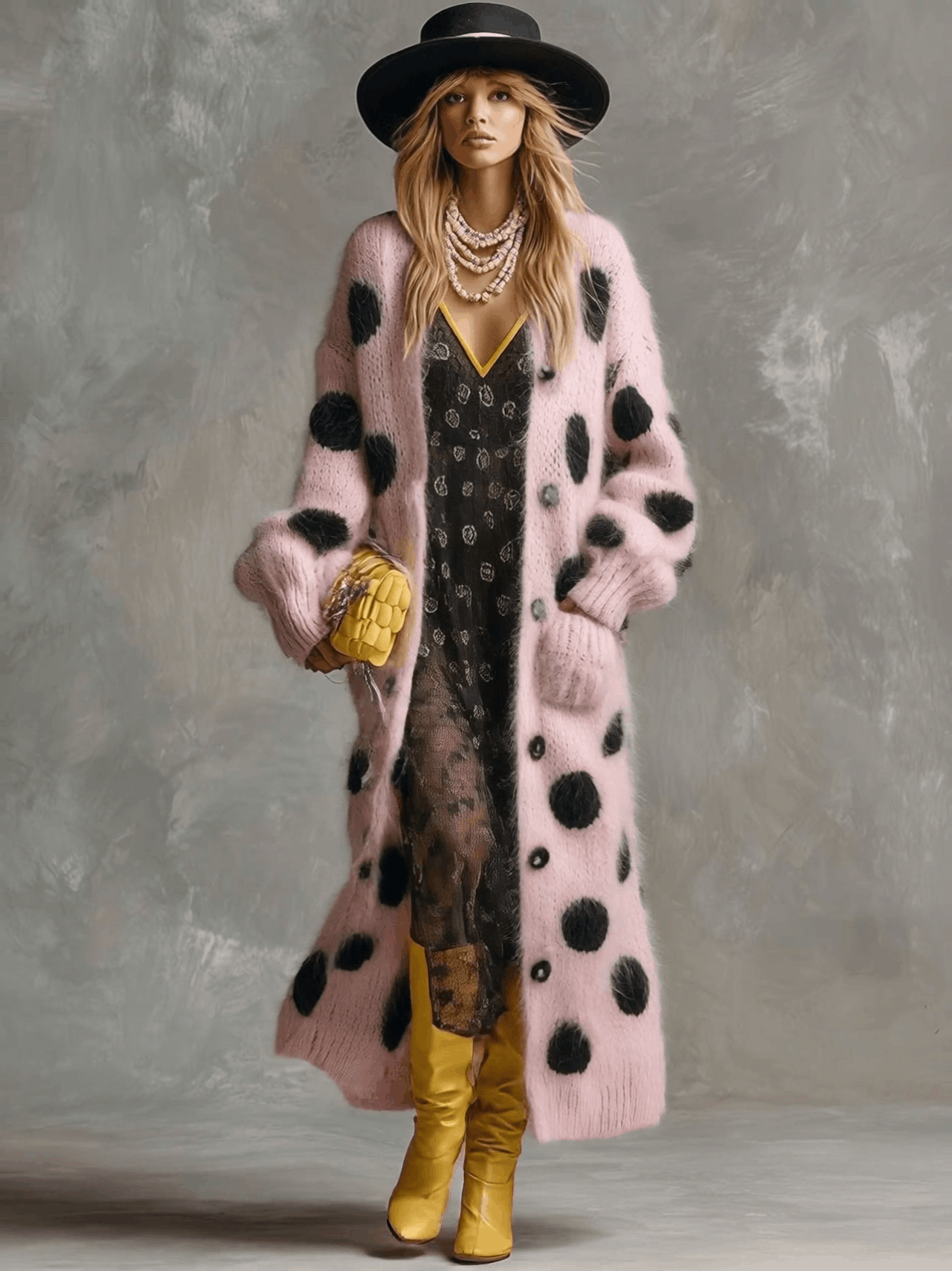 Vintage Fashion Lazy Front Button Black Polka Dot Pink Imitation Rabbit Fur Knitted Long-sleeved Cardigan  - By Qivii