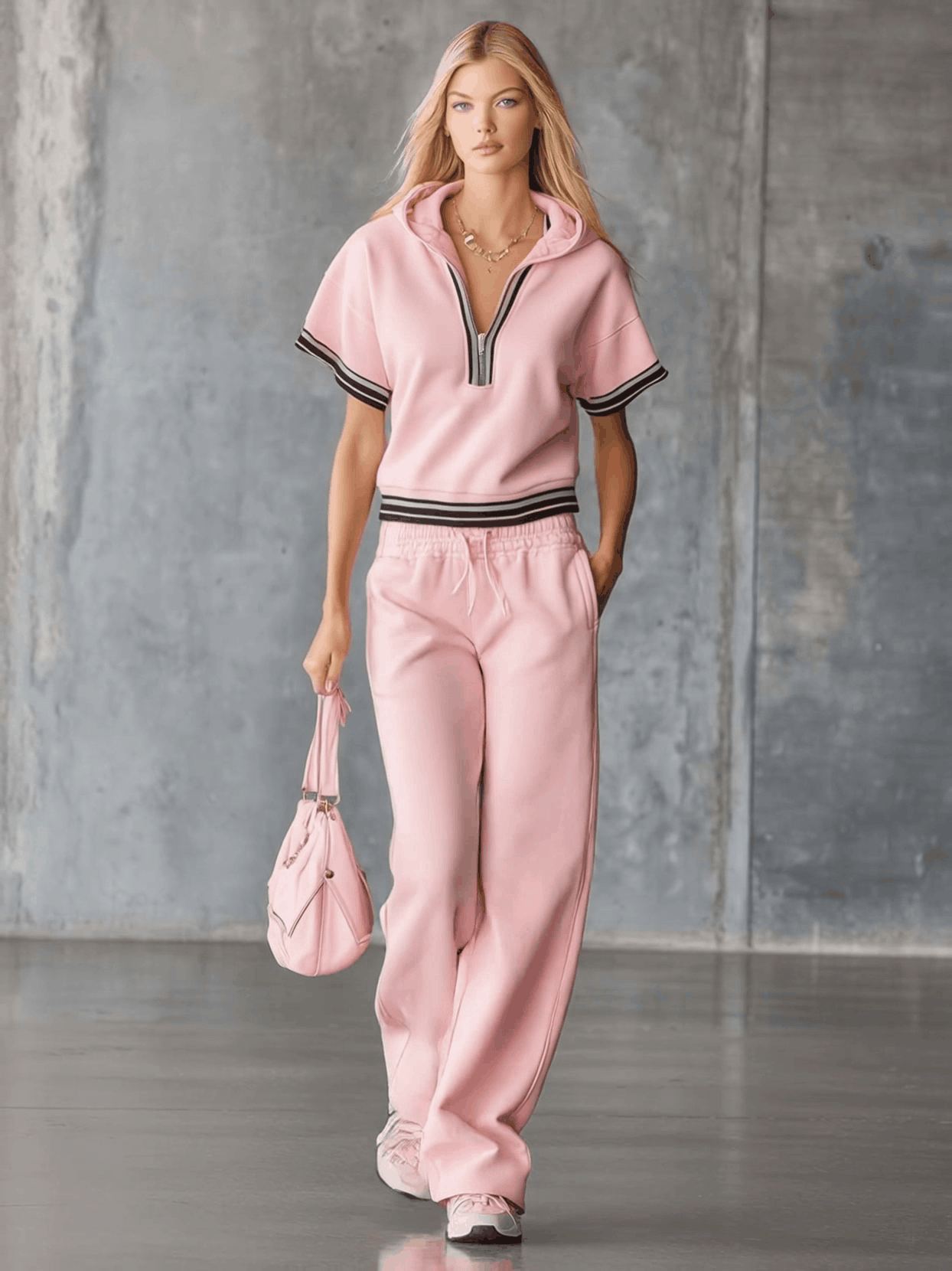 Elegant Fashion Sporty Hooded Front Zipper Short-sleeved Pink Cotton Top And Pants Set  - By Qivii