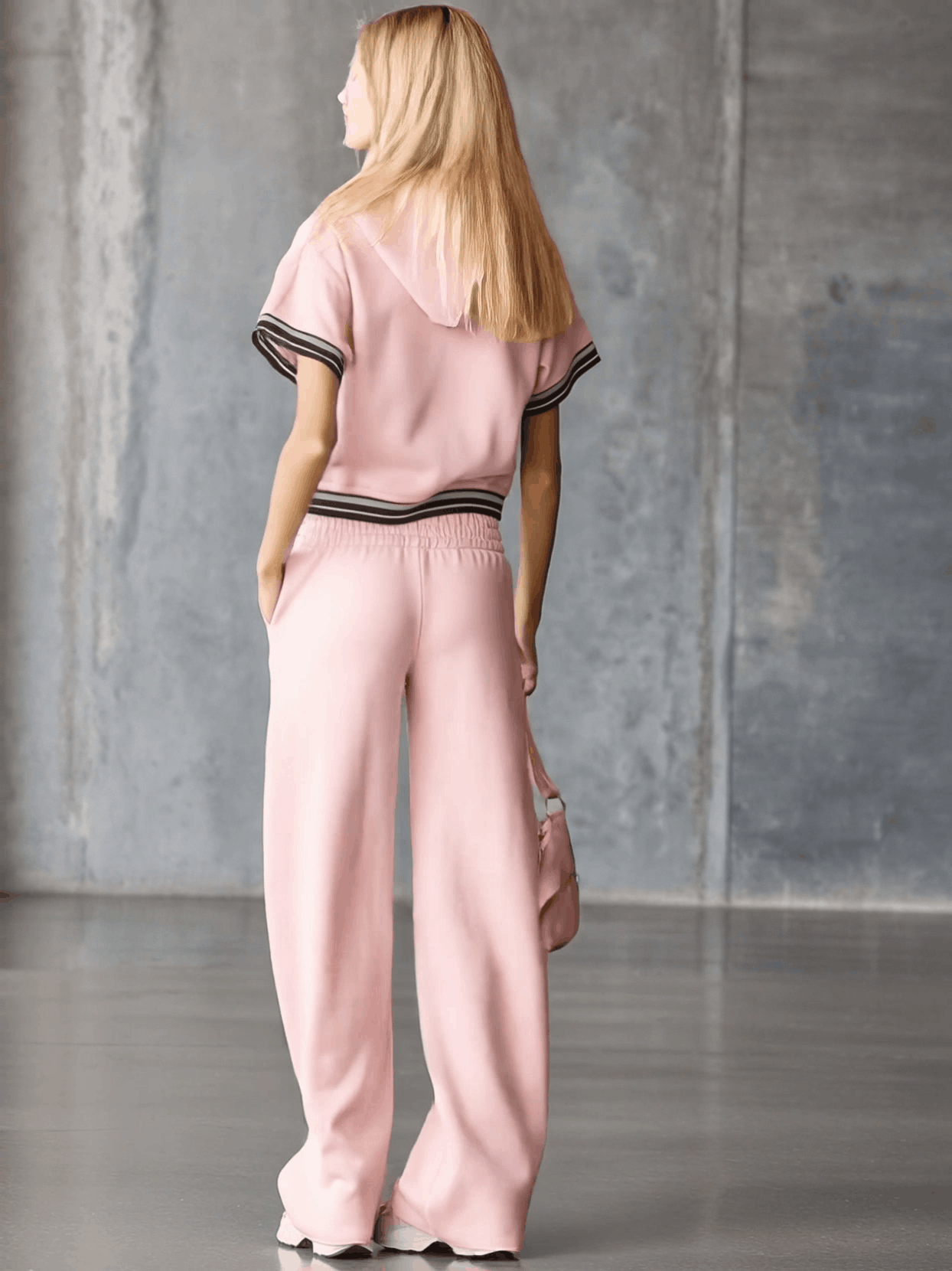 Elegant Fashion Sporty Hooded Front Zipper Short-sleeved Pink Cotton Top And Pants Set  - By Qivii