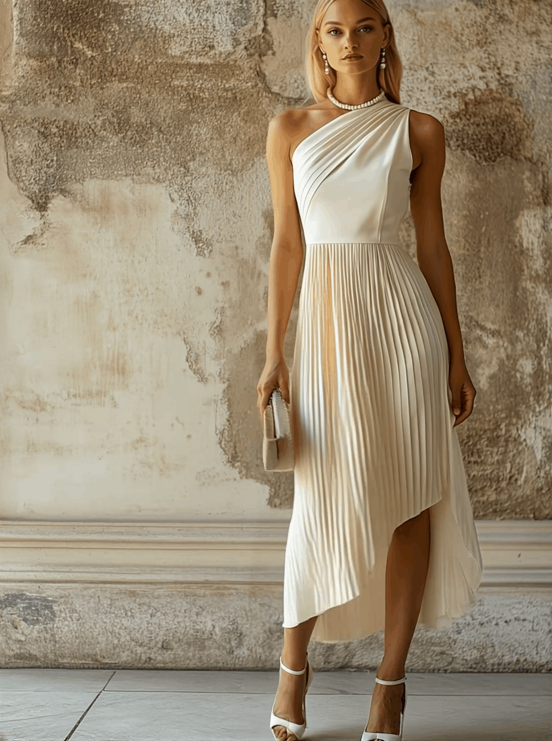 Elegant High-end Evening Gown White Pleated Sleeveless Midi Dress - By Qivii