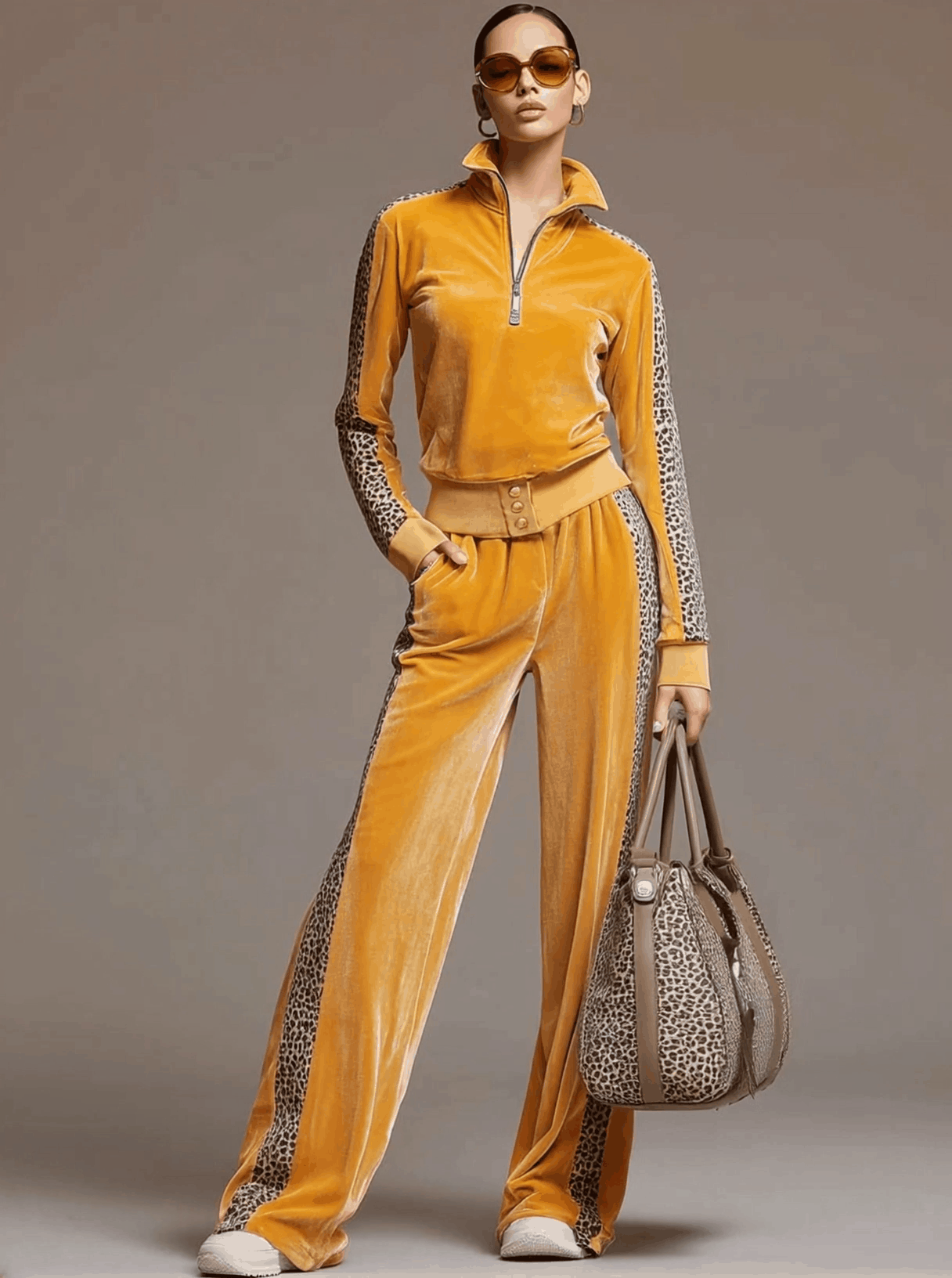 Casual Sporty Retro Leopard Print Trim Yellow Velvet Sweatshirt Wide-Leg Pants Set  - By Qivii