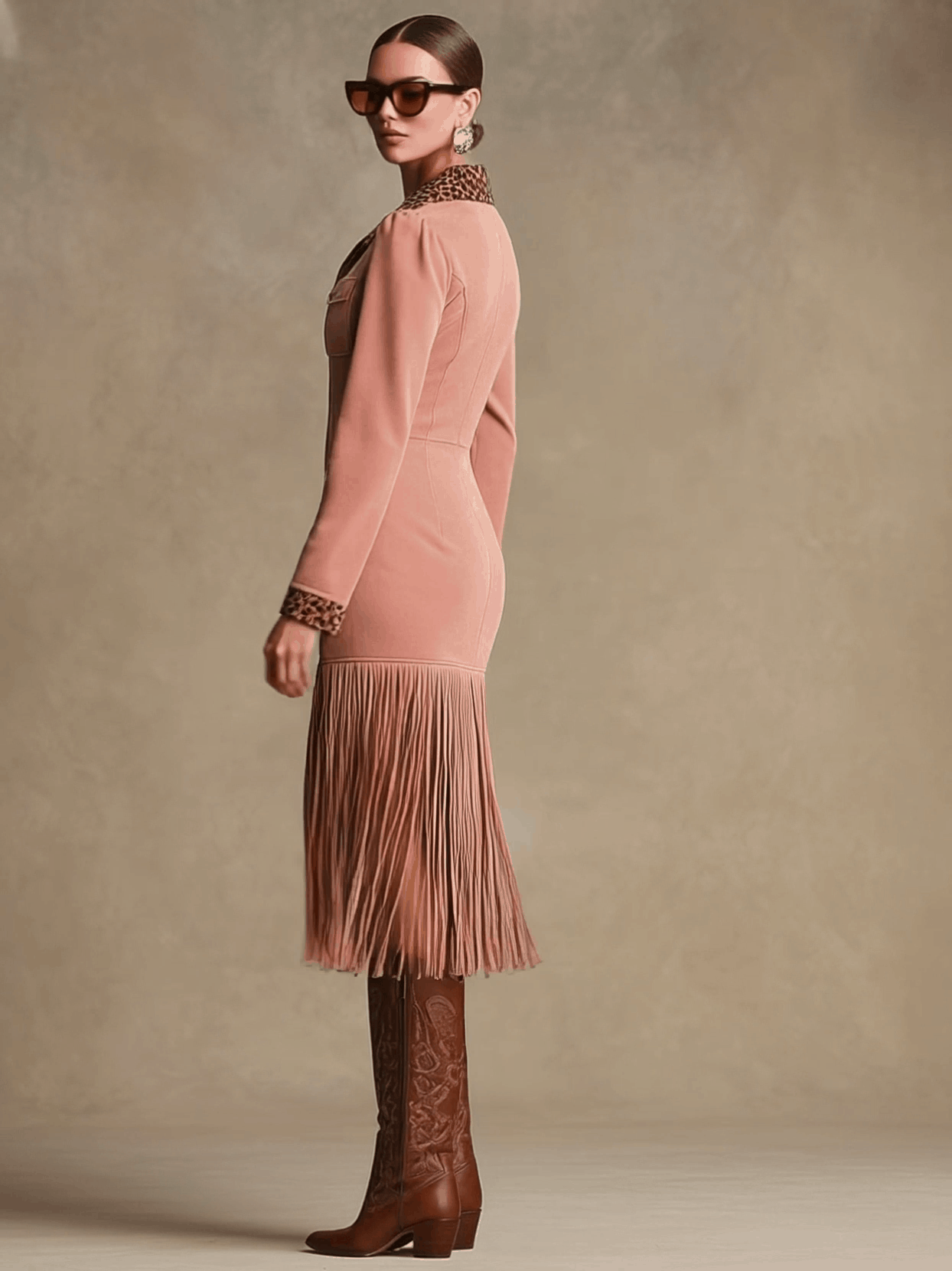 Western Retro Leopard Print Pink Faux Suede Zipper Tassel Midi Dress  - By Qivii