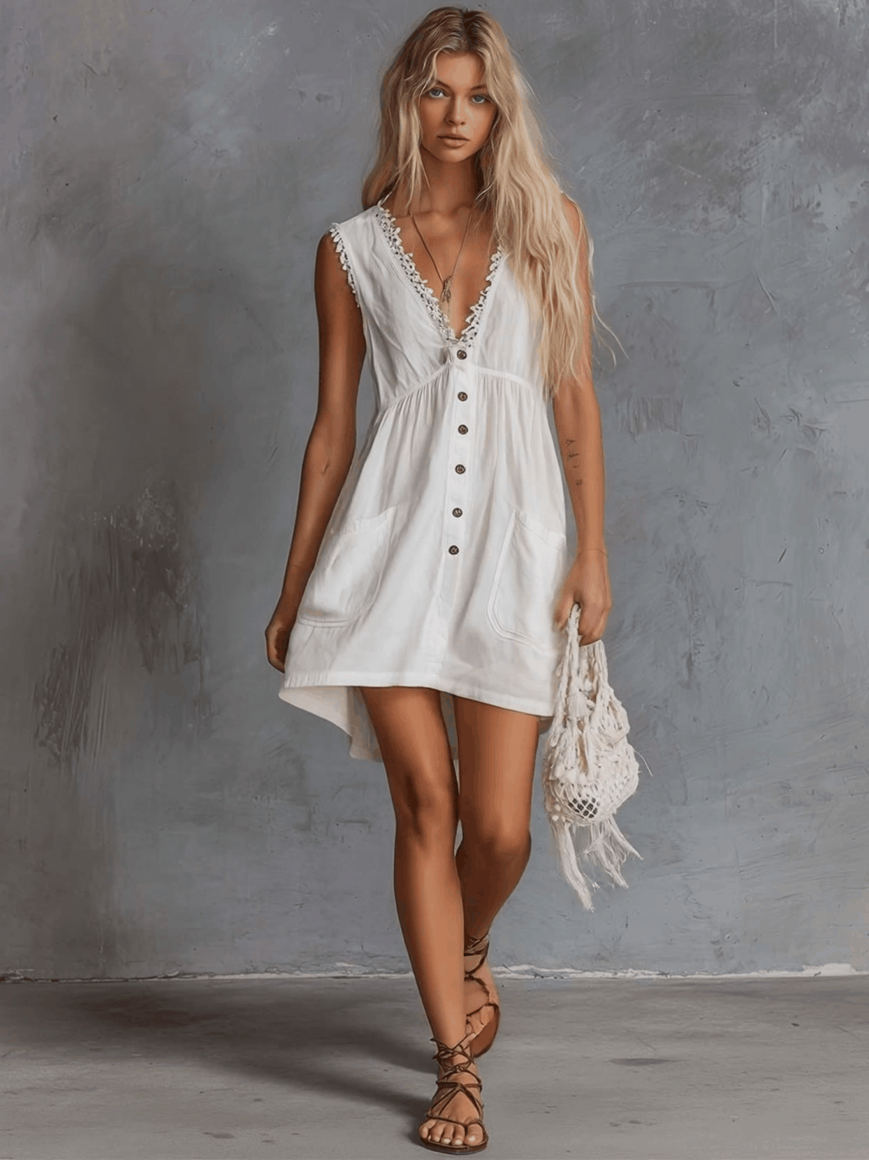 Elegant Vintage Western Lace V-neck Front-button White Cotton Mini Dress  - By Qivii