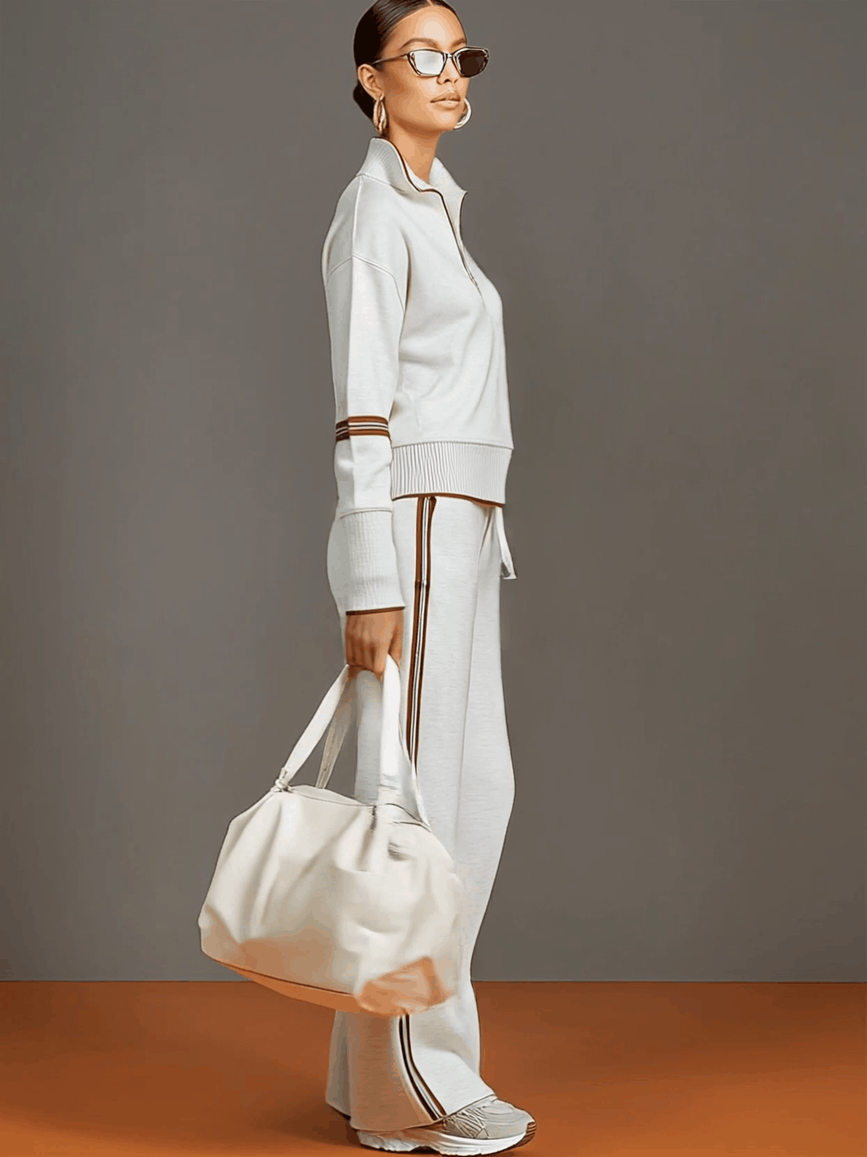 Retro Sporty Webbing Grey-white Half-zip Sweatshirt And Wide-leg Pants Set  - By Qivii