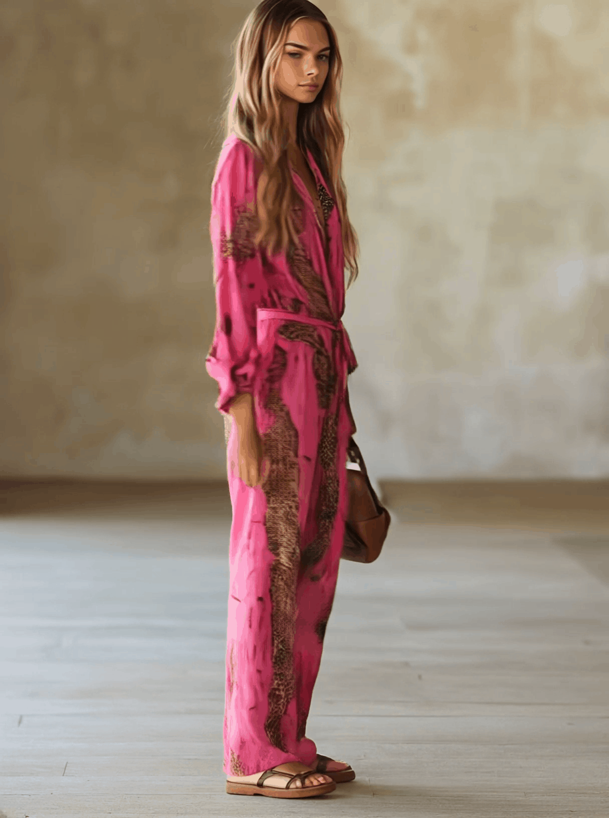 Casual Loose Rose Red Chiffon Leopard Print Long-Sleeved Jumpsuit  - By Qivii